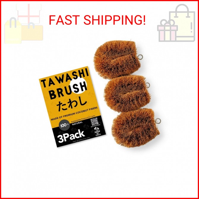 GrowByCoco Pack of 3 Tawashi Vegetable Scrub Brush,100% Natural Coconut Coir Fib