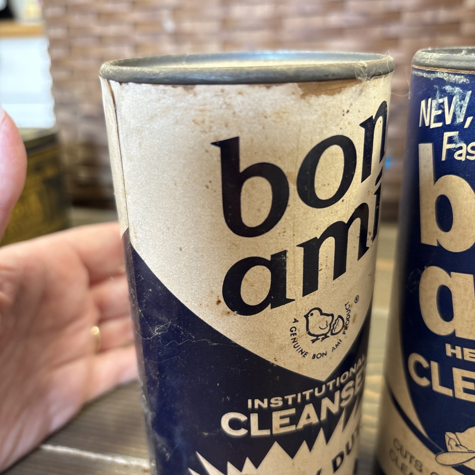 2- 1950s Bon Ami Cleanser Cans Institutional Cleanser Blue Advert Vintage FULL