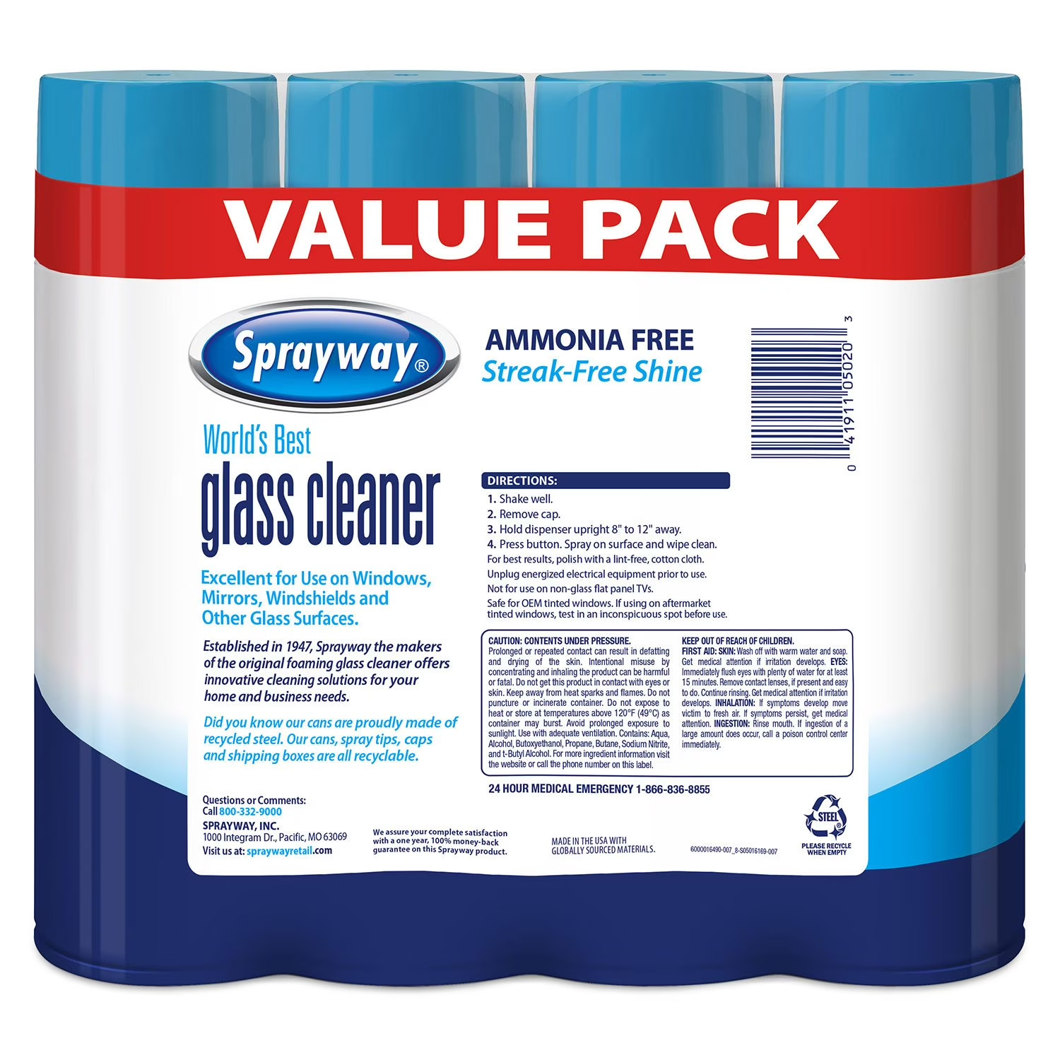 Sprayway, Glass Cleaner, 19 Oz Cans, Pack of 4-FREE SHIPPING