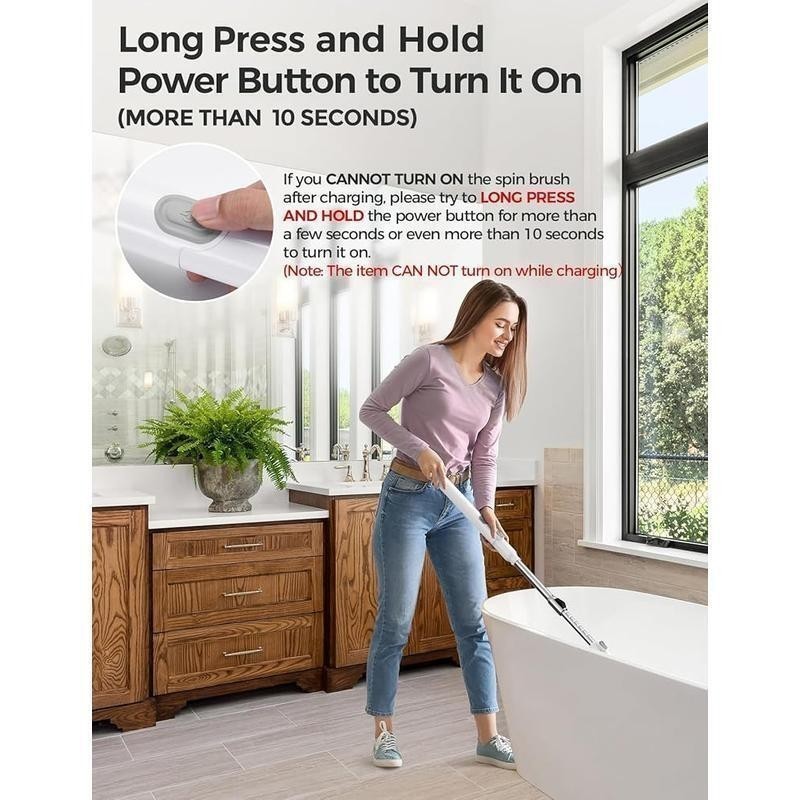 2Speed Electric Spin Scrubber Cordless 8 Heads Adjustable Handle Cleaning Brush