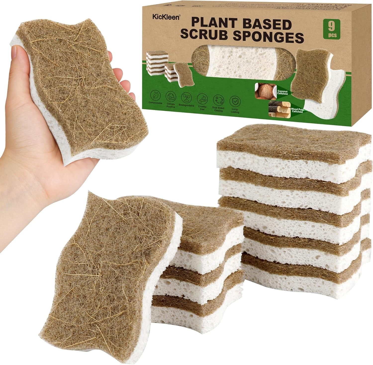 9 Pack Kickleen Biodegradable Natural Kitchen Sponges – Compostable Cellulose