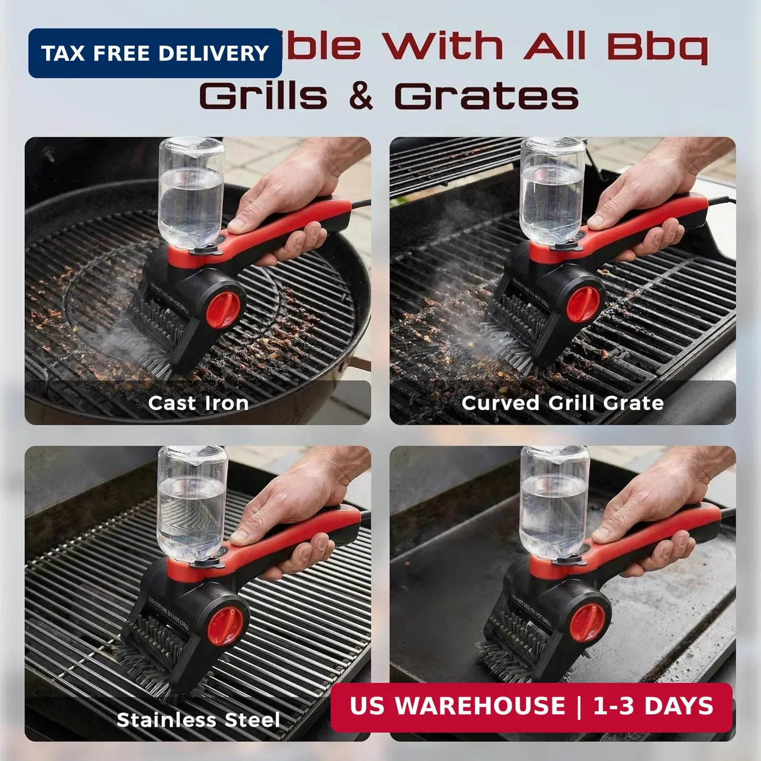 Electric Grill Brush, 100W High Power Cordless BBQ Cleaner with 300ml Water Spra