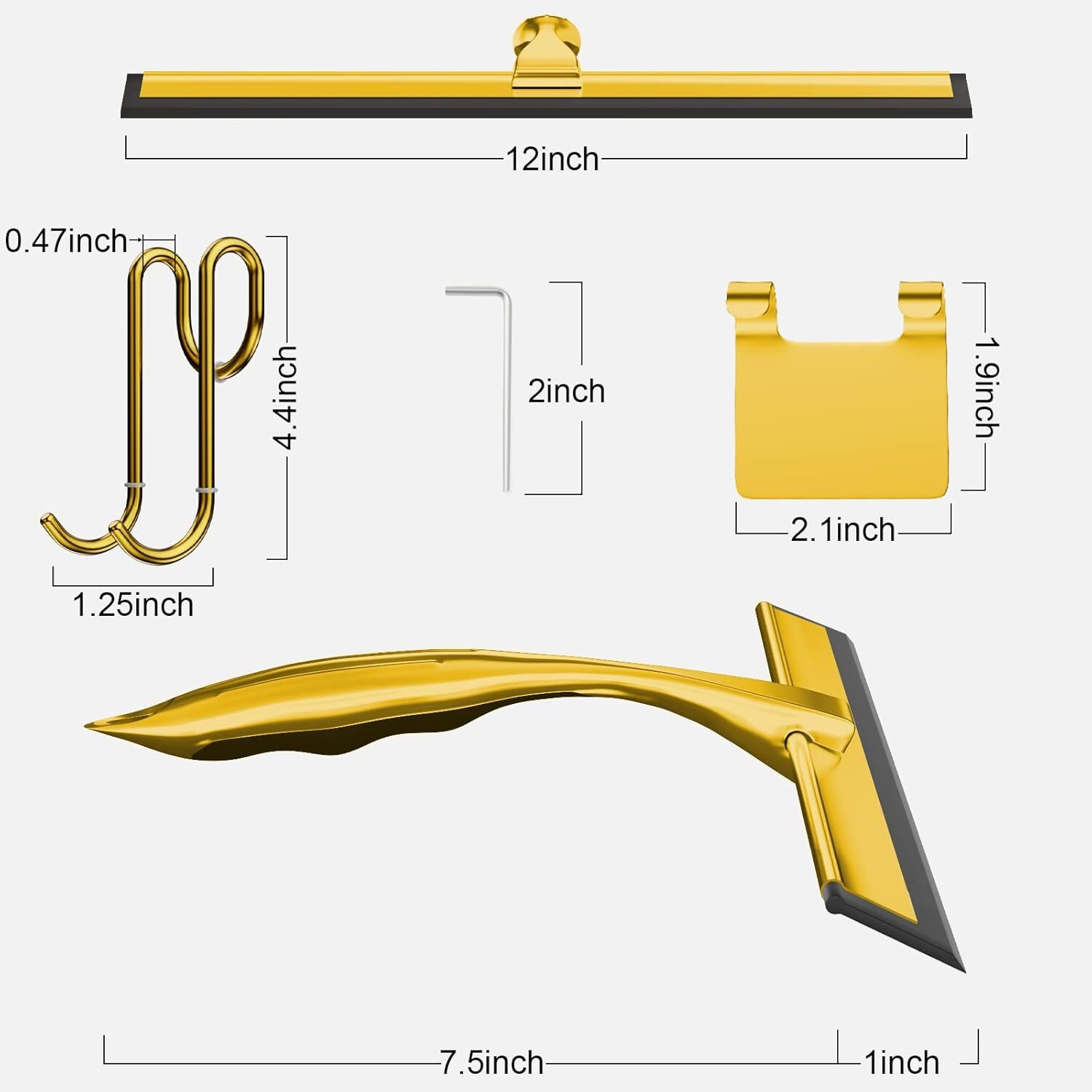 TOOVEM 12 Inch Shower Squeegee Cleaning Tools with S & Square Sticky Hook Gold