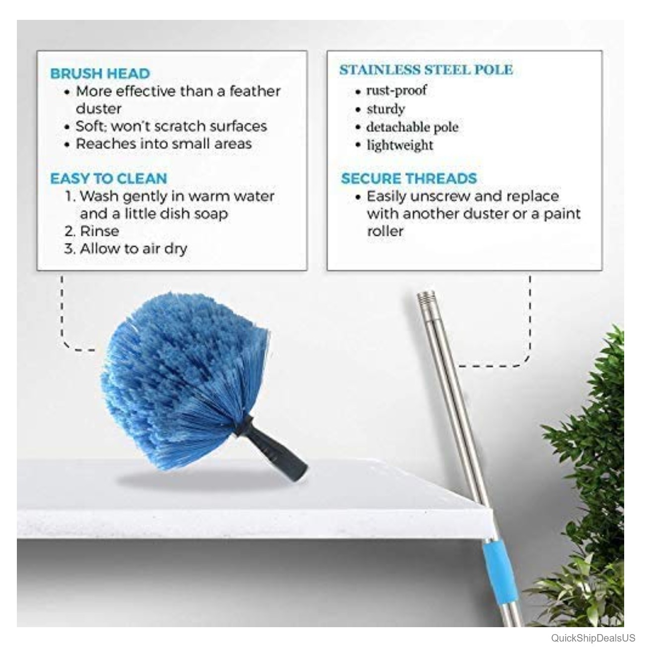 Cobweb Duster with Pole 4ft Stainless Steel Medium-Stiff Bristles Brush for