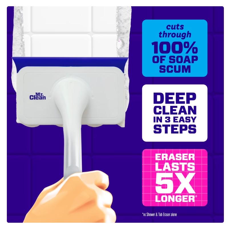 Mr. Clean Magic Eraser Shower & Tub Scrubber, 1 Device + 2 Refills, White