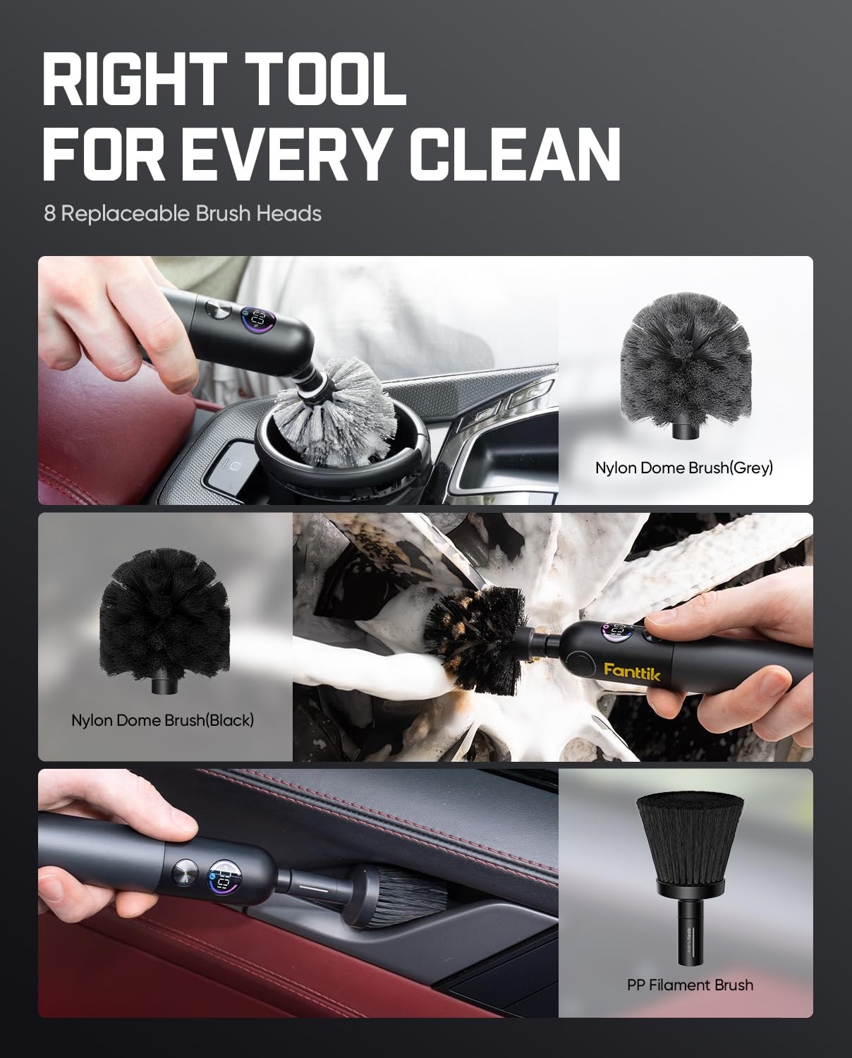 Cordless Electric Car Detailing Brush with 8 Heads, DualSpeed & Waterproof