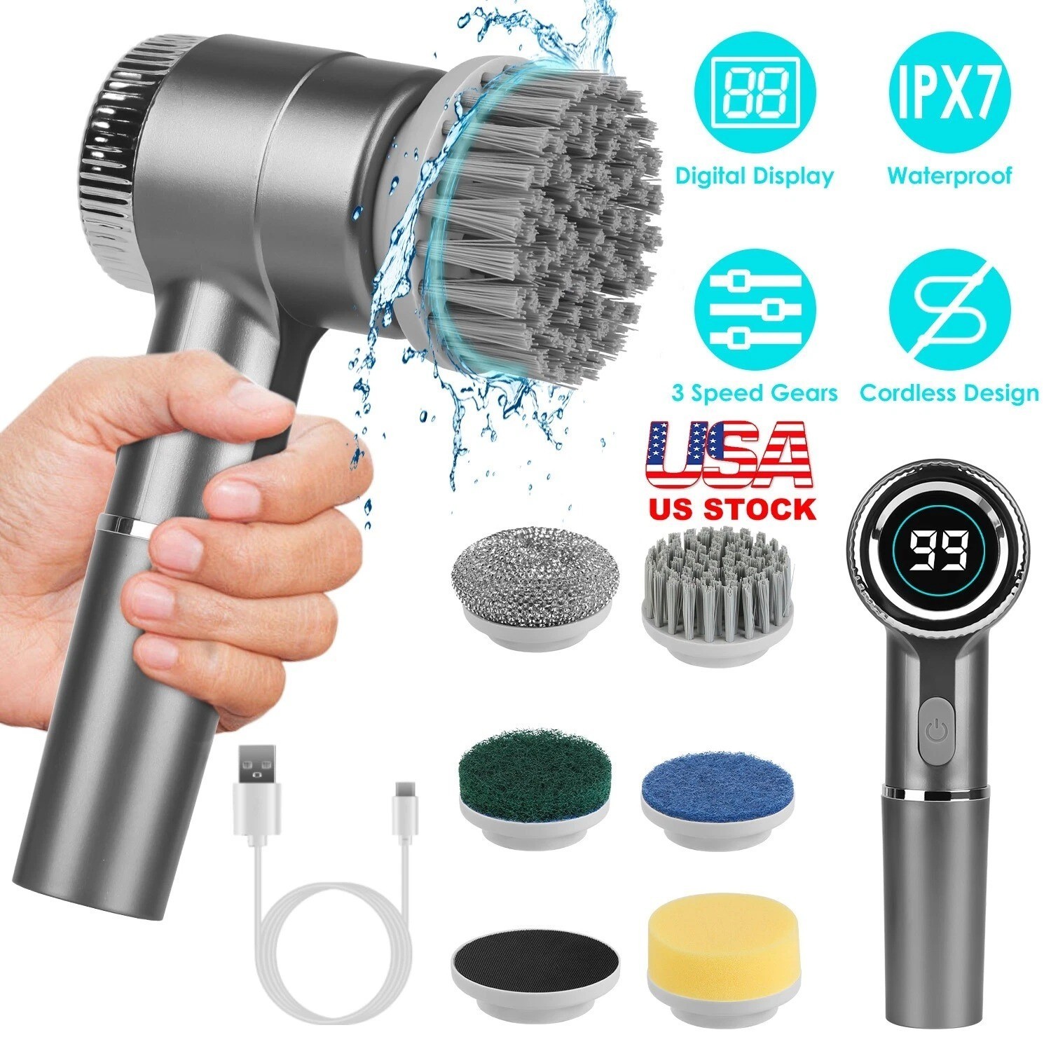 2024 5 Heads Electric Handheld Cordless Rechargeable Spinning Power Scrubber US