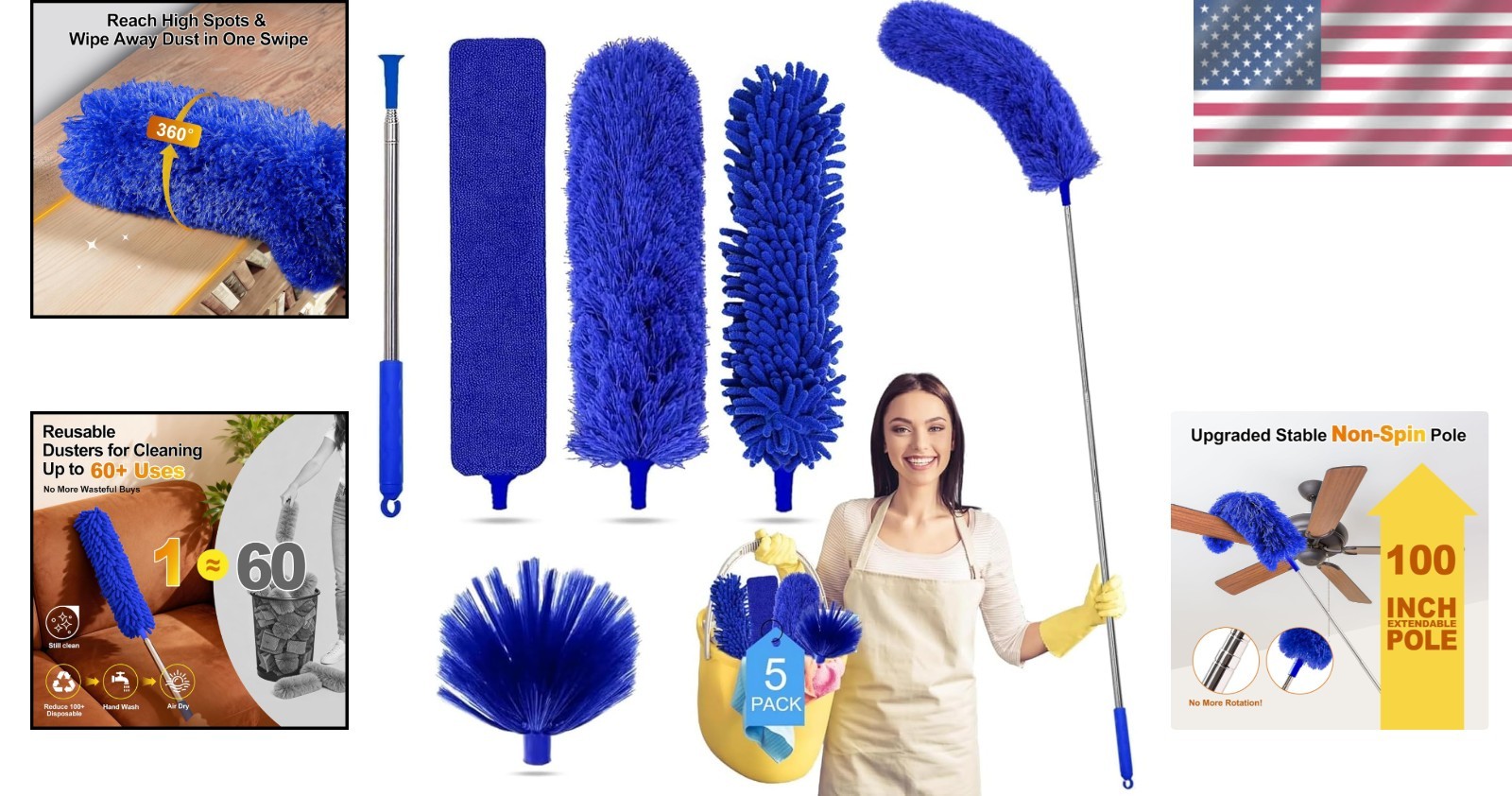 5-in-1 Microfiber Feather Duster Kit, 100-Inch Extendable for Safe High Cleaning