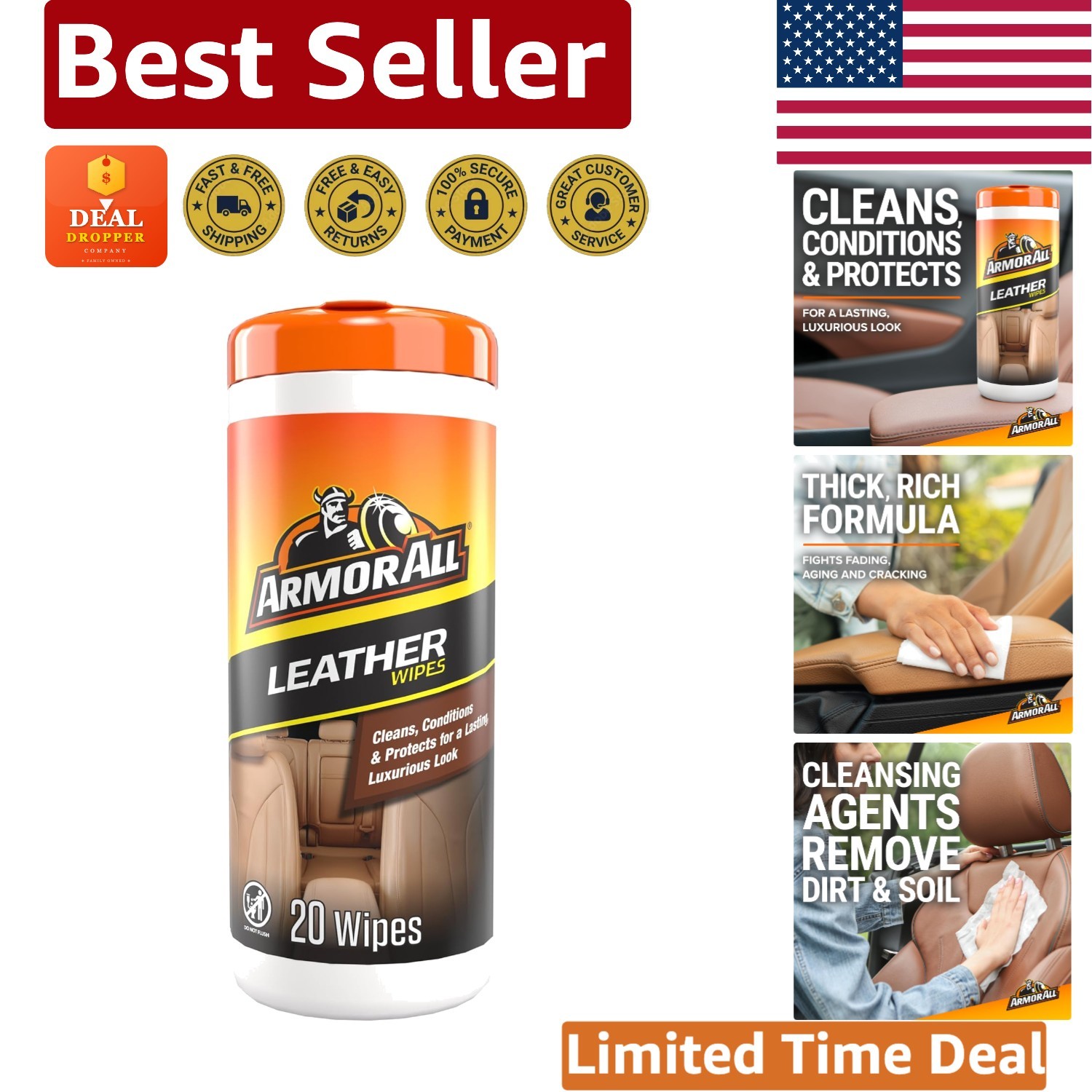 Advanced Leather Cleaner Wipes – 20 Count – Protect Against Spills & Fading