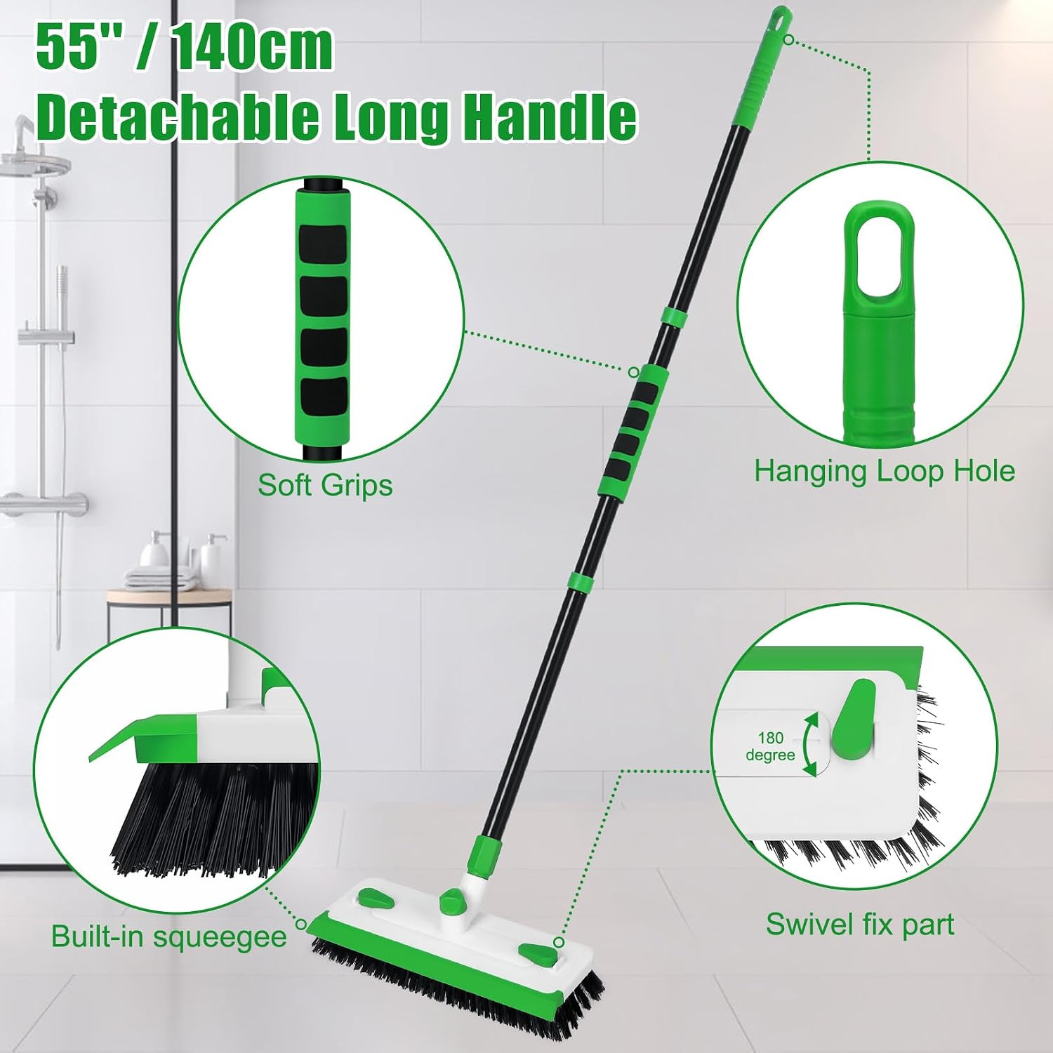 Floor Scrub Brush with Long Handle, 3-In-1 Scrape Scrubber Brush with Squeegee