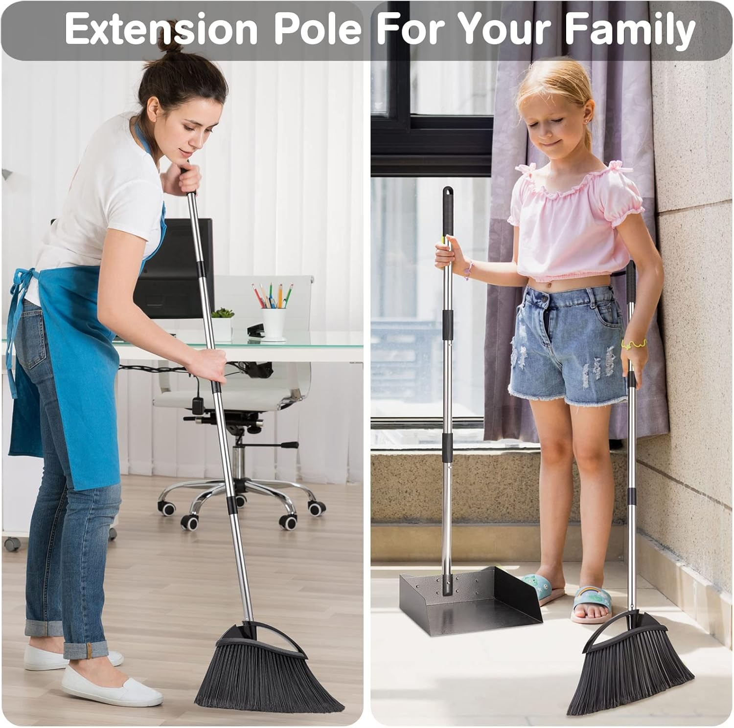 Long Handled Dust Pan and Broom Set for Home, Heavy Duty Metal
