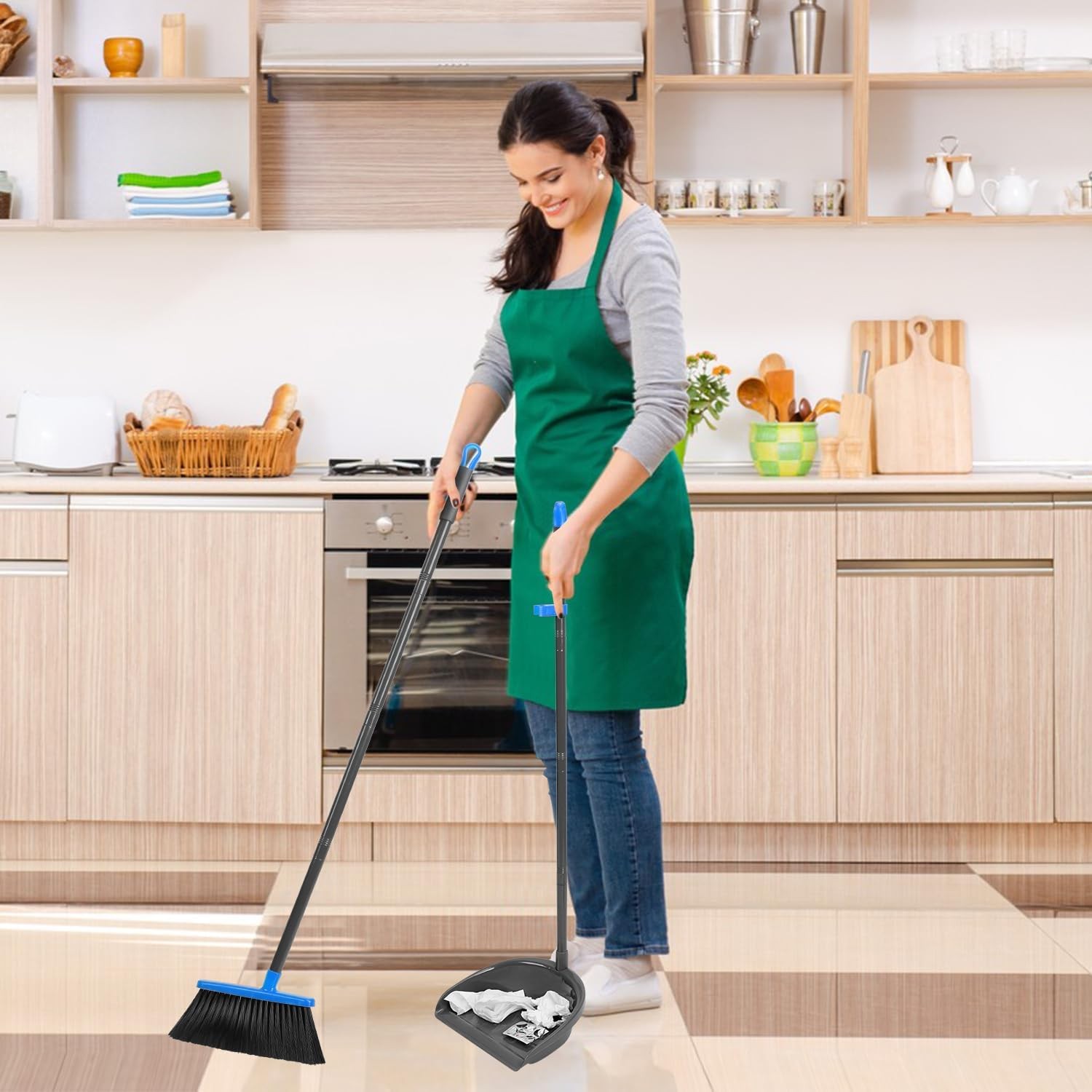 Broom and Dustpan Set ，Long Handle Broom with Upright Standing Dust