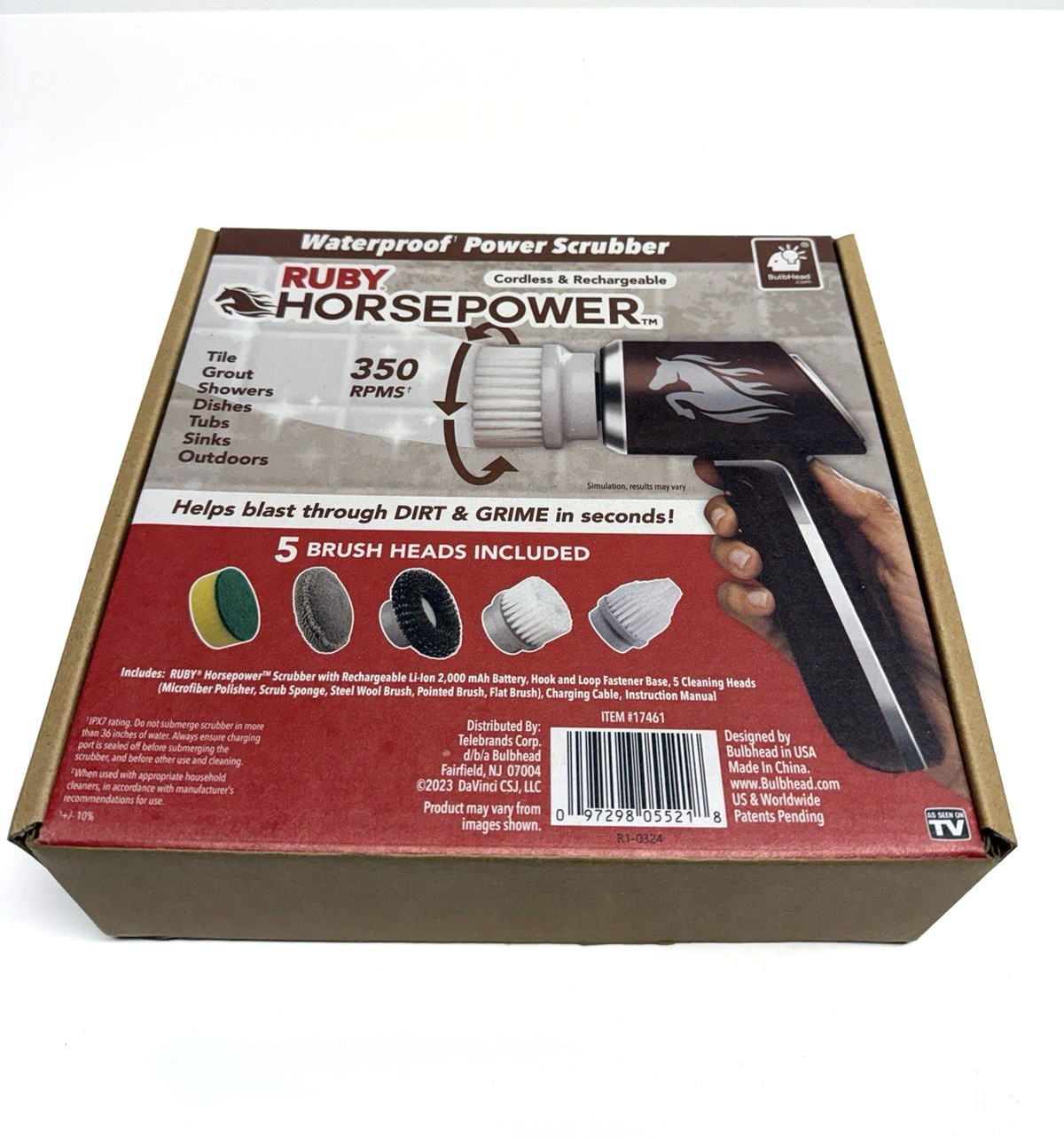 Horsepower Scrubber, Waterproof, Electric Power, Spins 350 RPM, 5 Brush Heads.