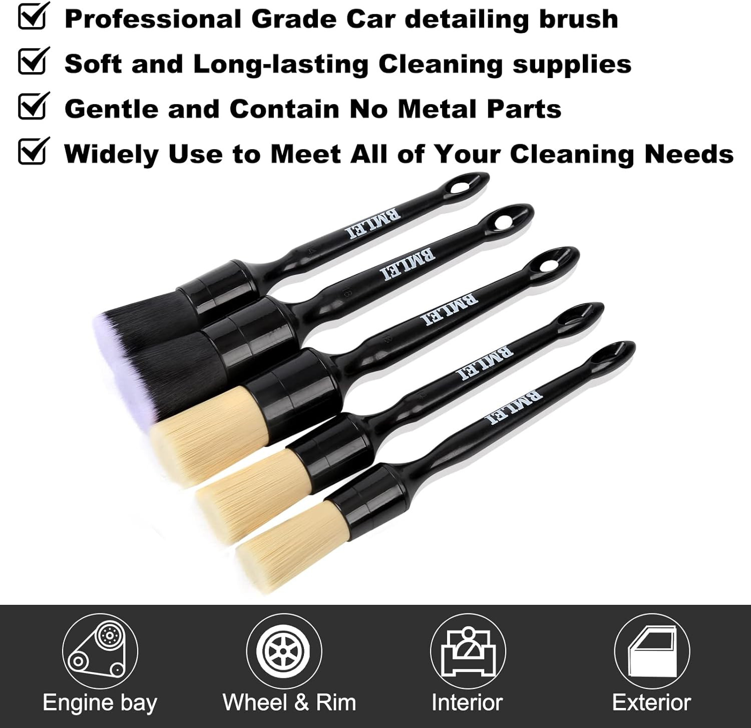 5Pcs Car Detailing Brushes Set, Boars Hair Auto Car Detail Brush Kit No Scratch,