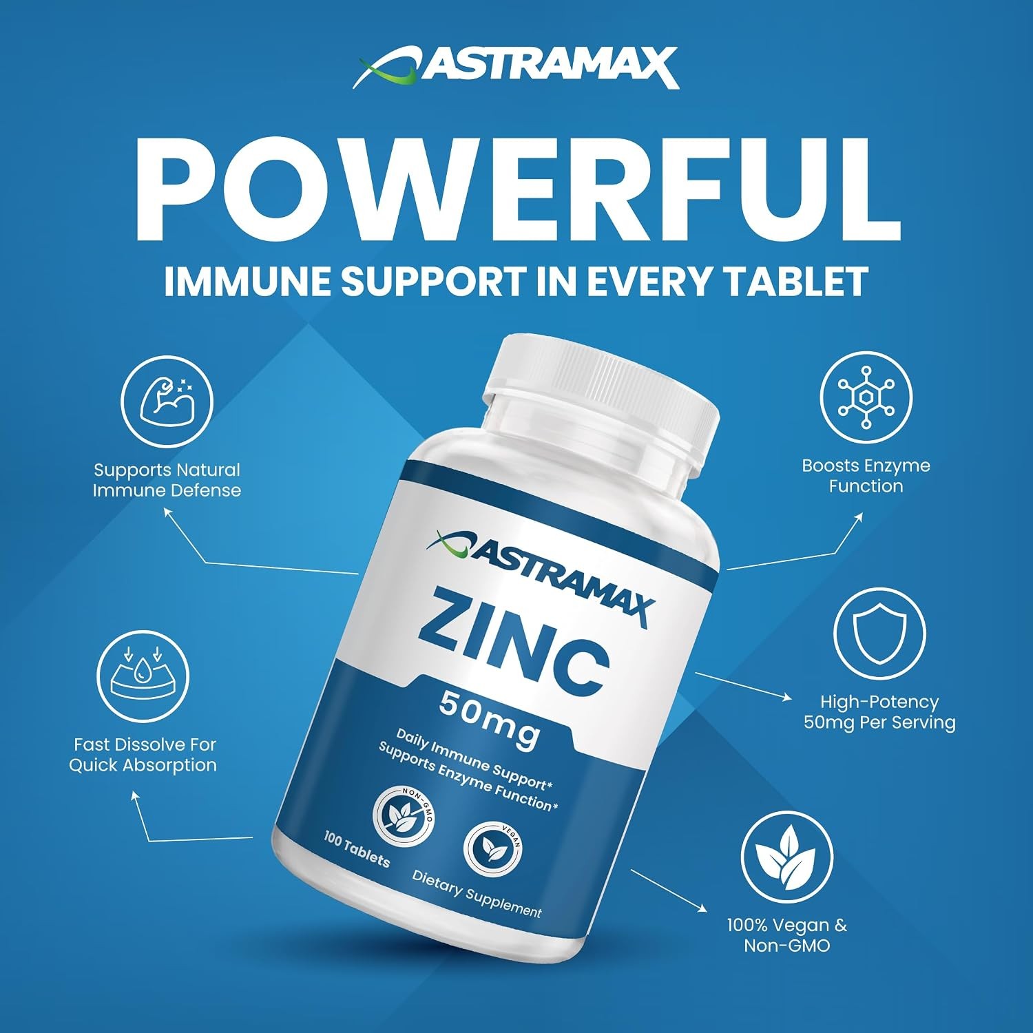 Zinc 50mg | High Potency Immune Support | Vegan, Non-GMO, Gluten-Free | 100 Coun