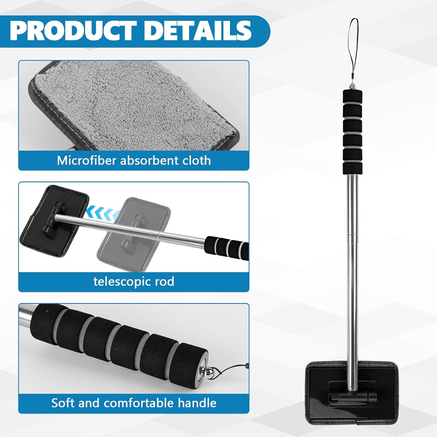 Car Windshield Cleaner Tool with Extendable Handle & 2 Microfiber Pads for Home