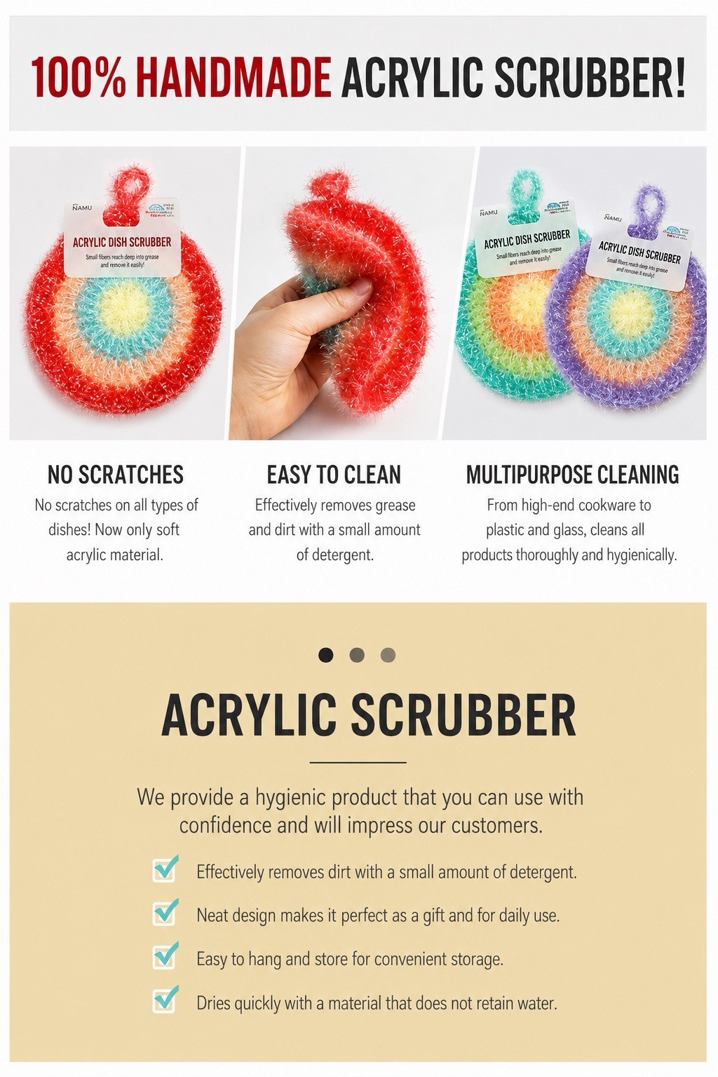 Korean Style Acrylic Yarn Dish Scrubber 10 Pack Rainbow Kitchen Sponge⁠