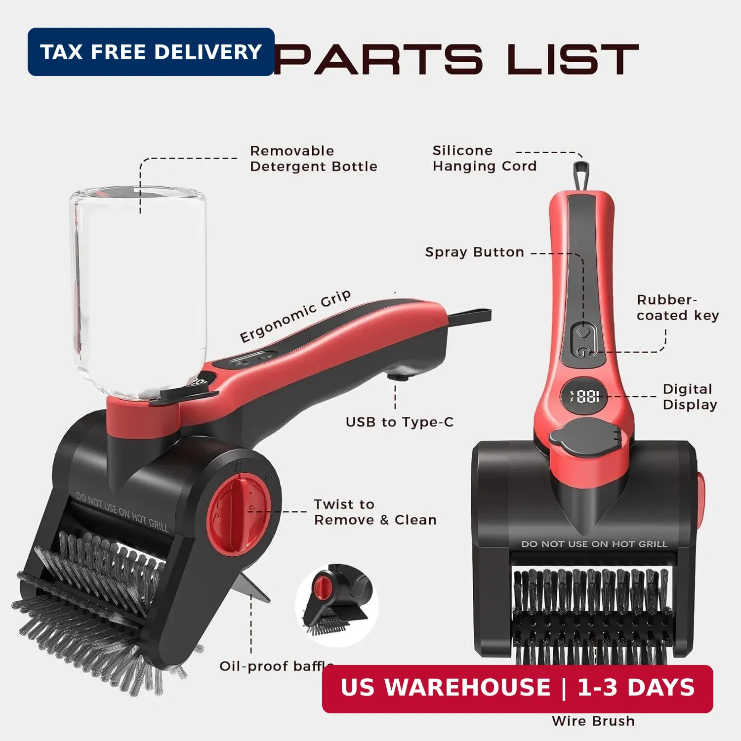 Electric Grill Brush, 100W High Power Cordless BBQ Cleaner with 300ml Water Spra