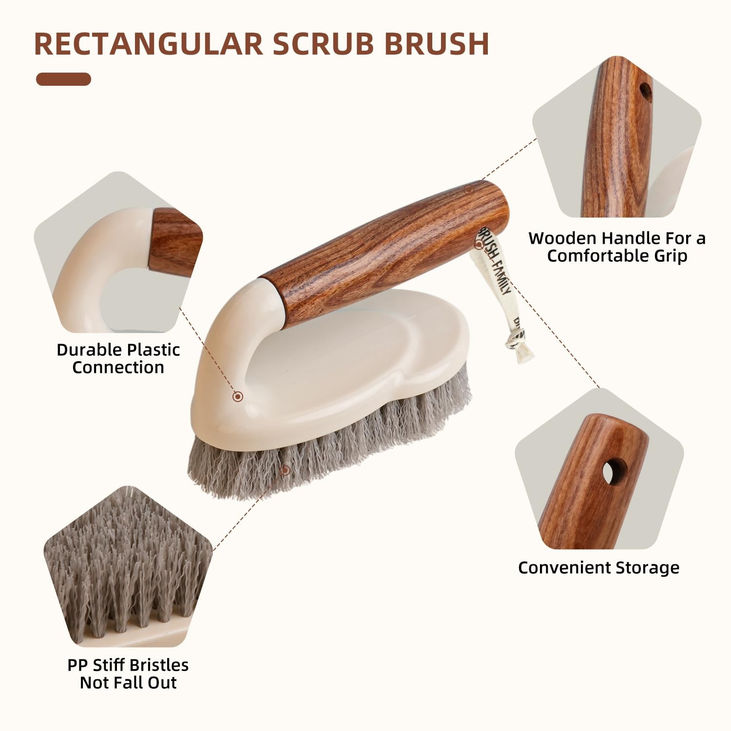 Scrub Brushes Set of 4 with Wooden Handles, Triangle & Square – Medium-Firm