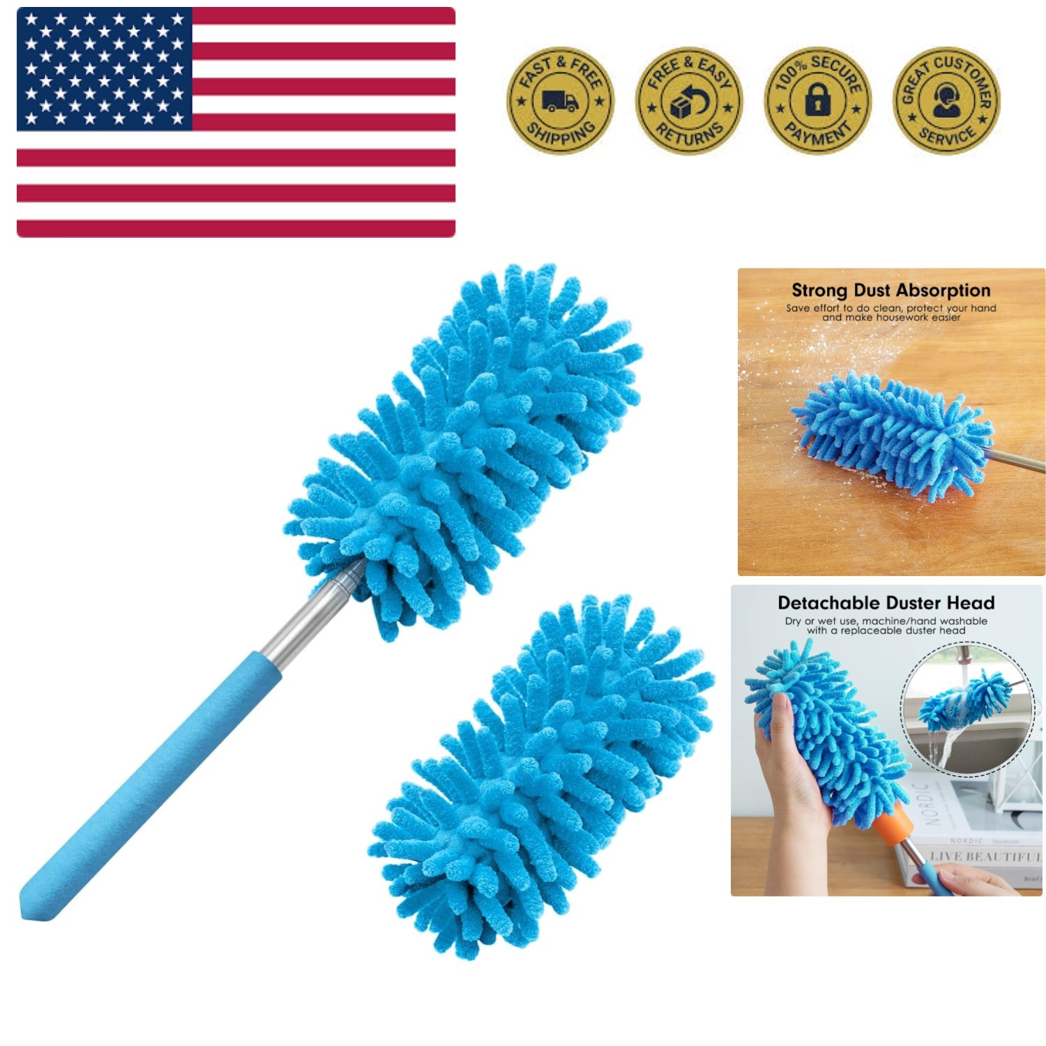 Soft Microfiber Cleaning Duster with 2 Detachable Heads and Extendable Pole