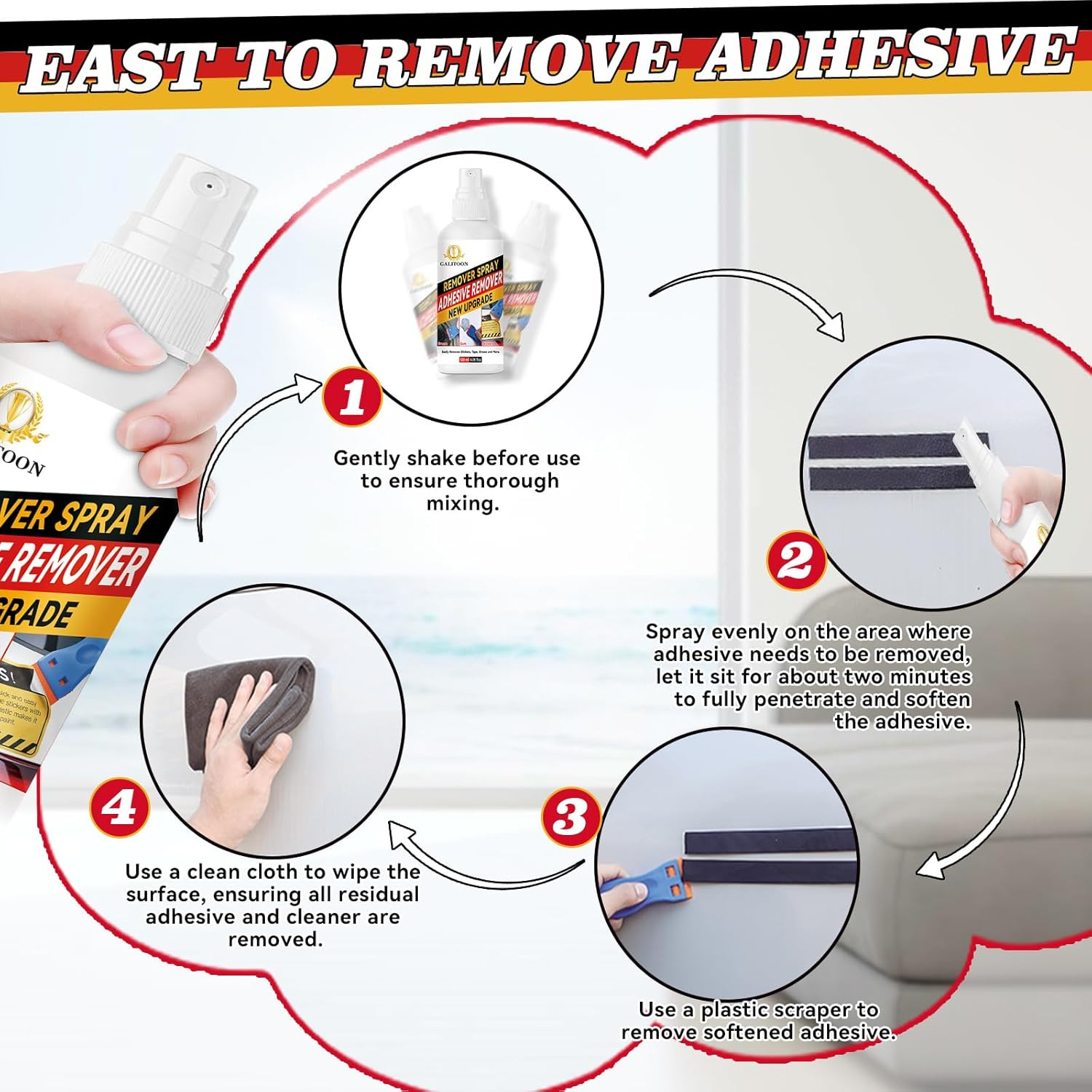 Adhesive Remover, Sticker Remover Spray with Plastic Scraper and Cleaning Cloth,