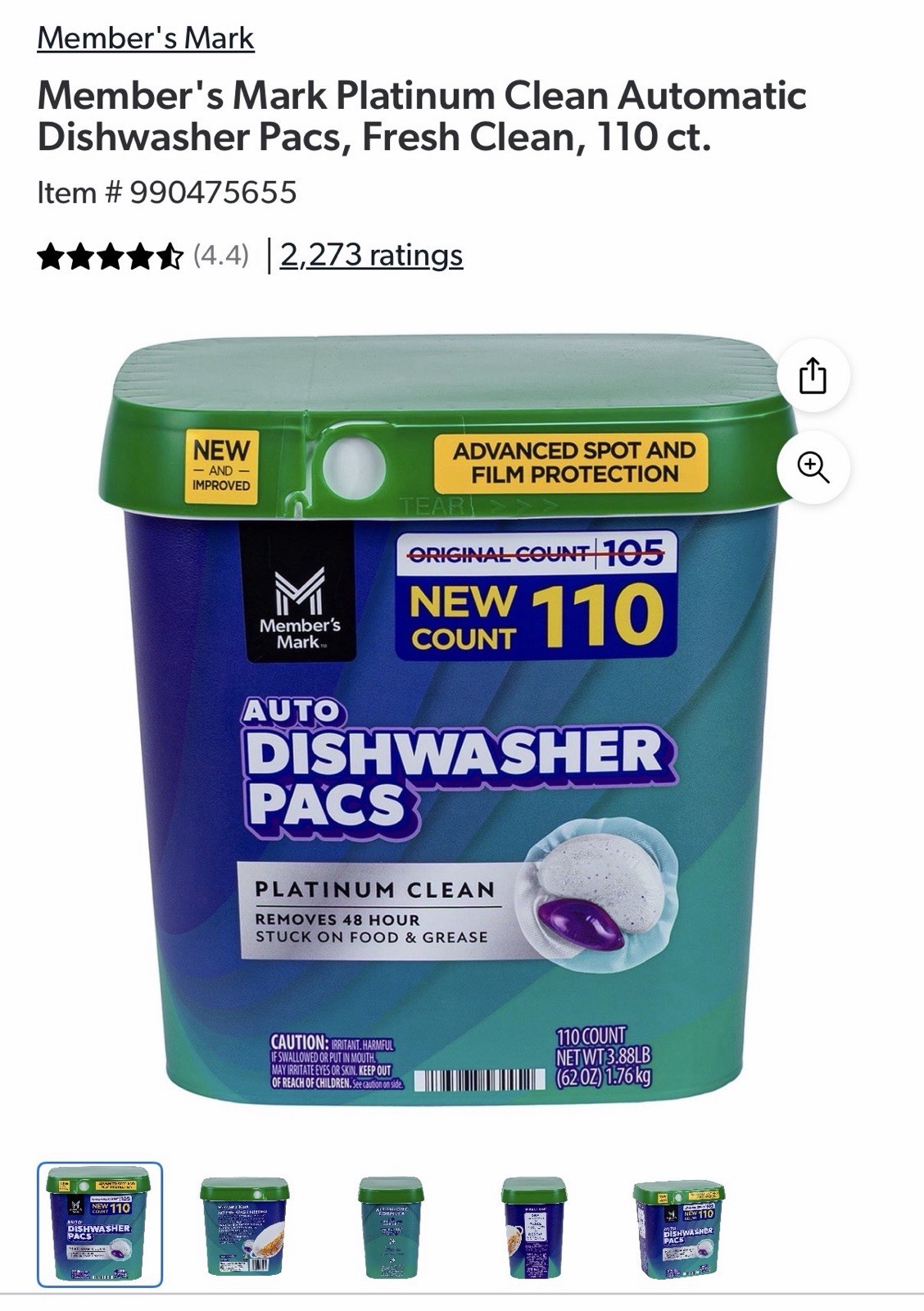 Member’s Mark Dishwasher Pacs, 110 ct – Platinum Clean, Automatic.