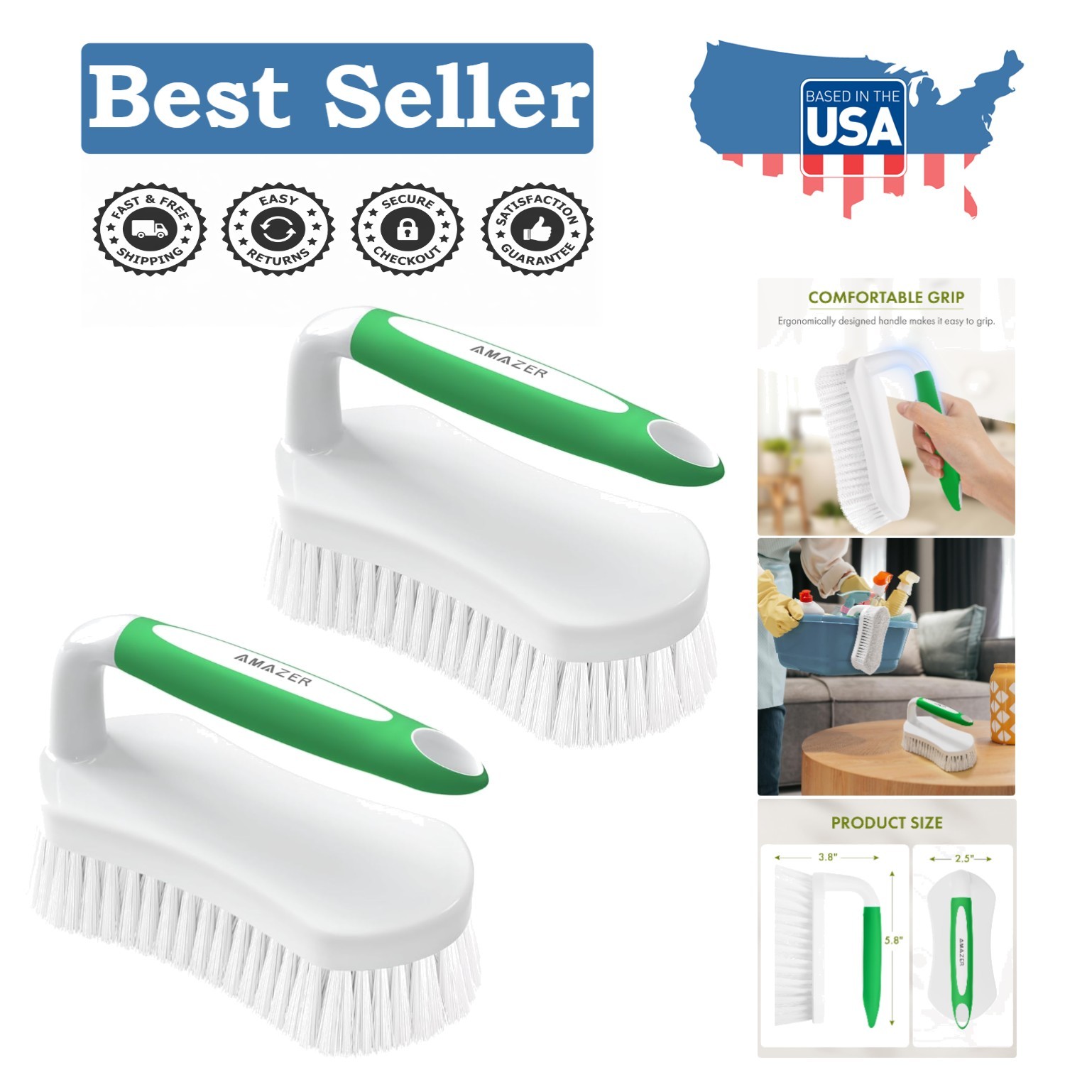 2-Pack Comfort Grip Cleaning Brushes for Versatile Bathroom and Floor Use