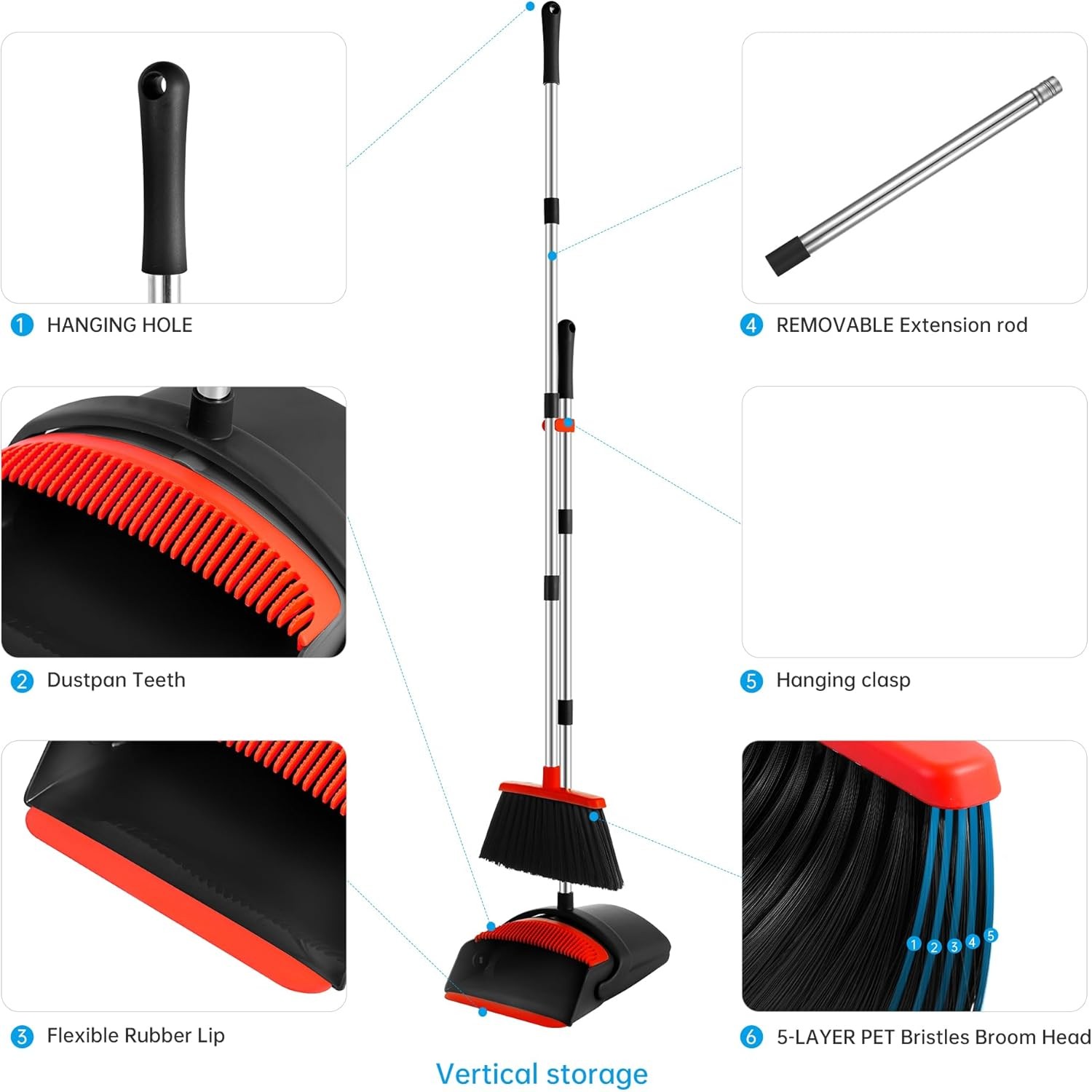 Broom and Dustpan Set for Home, 52-in Long Adjustable Handle Angle