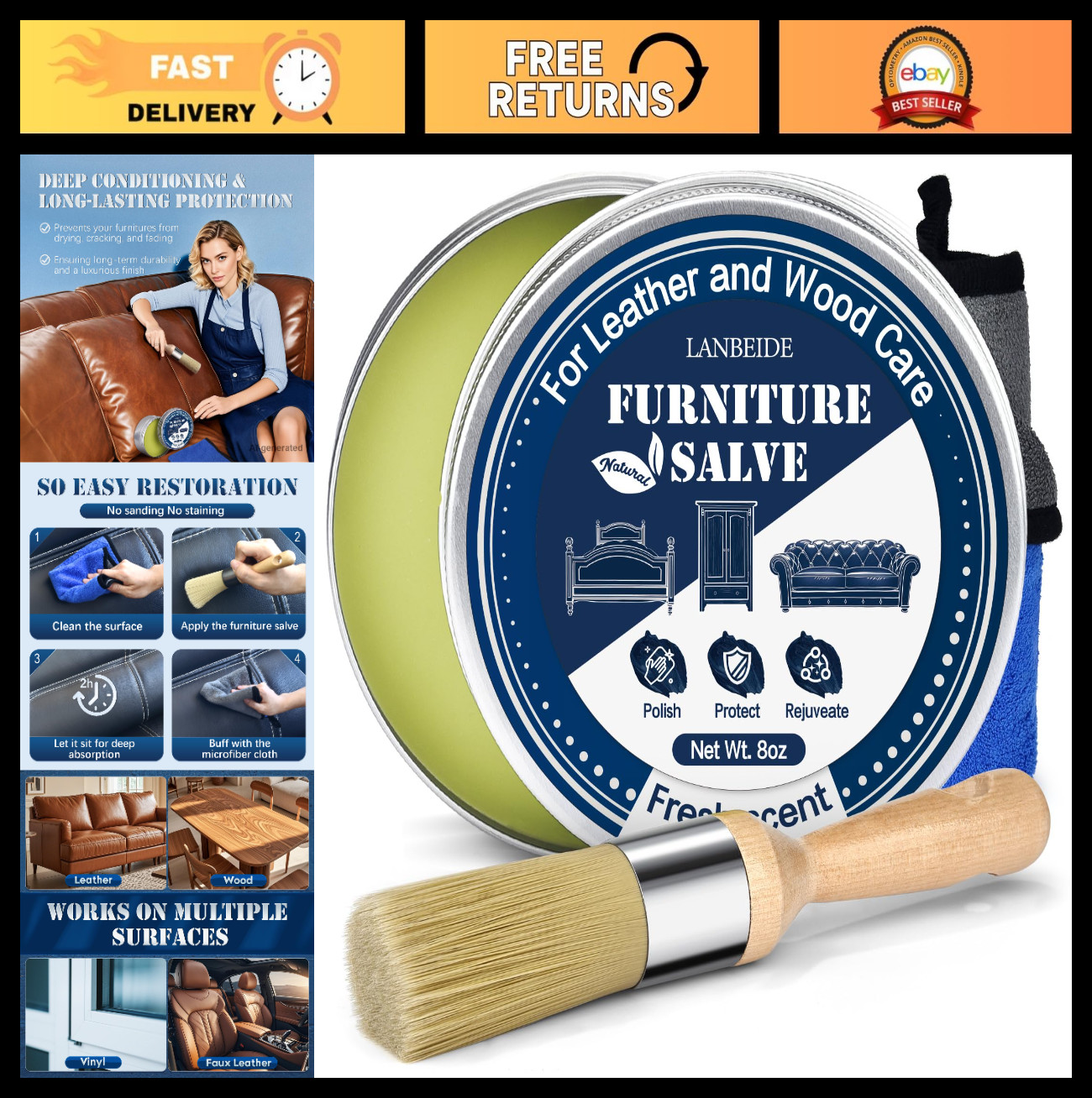 Leather & Wood Furniture Salve with Brush – Polisher, Conditioner & Repair 8oz