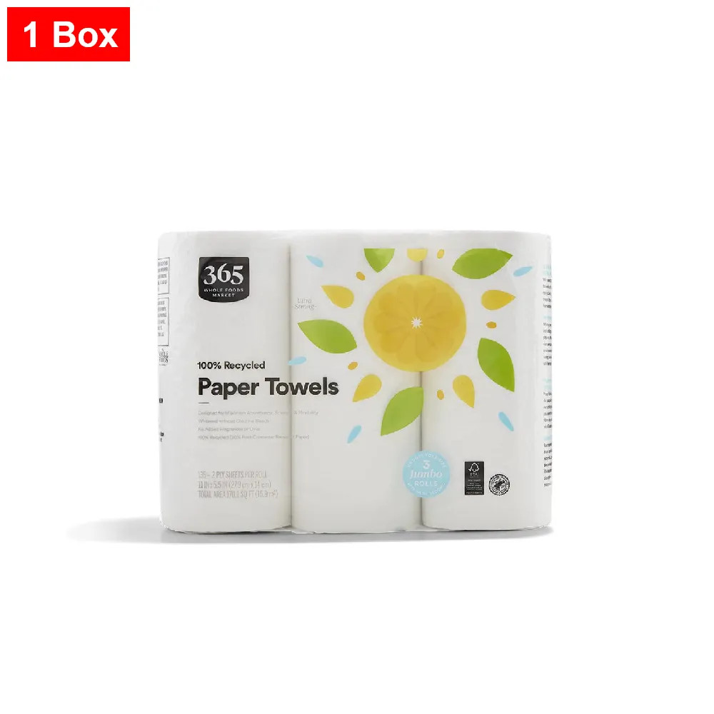 365 By WFM, 100% Recycled Jumbo Paper Towels, 135 Sheets Per Roll,3 Count-1 Box