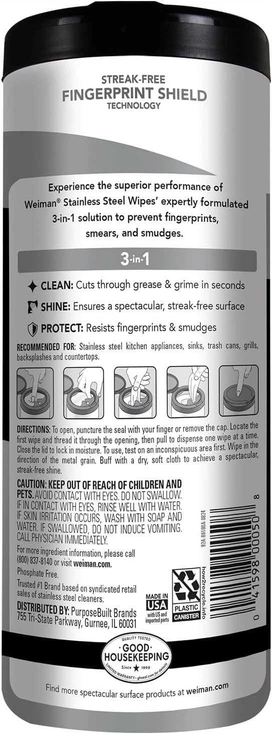 Weiman Stainless Steel Cleaner Wipes – 30 Count for Effortless Polishing & Shine
