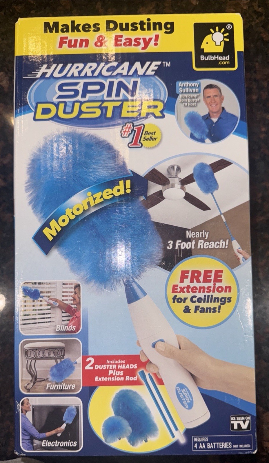 Hurricane Spin Duster Motorized Dust Wand w/3ft Extension For Ceiling Fans NIB