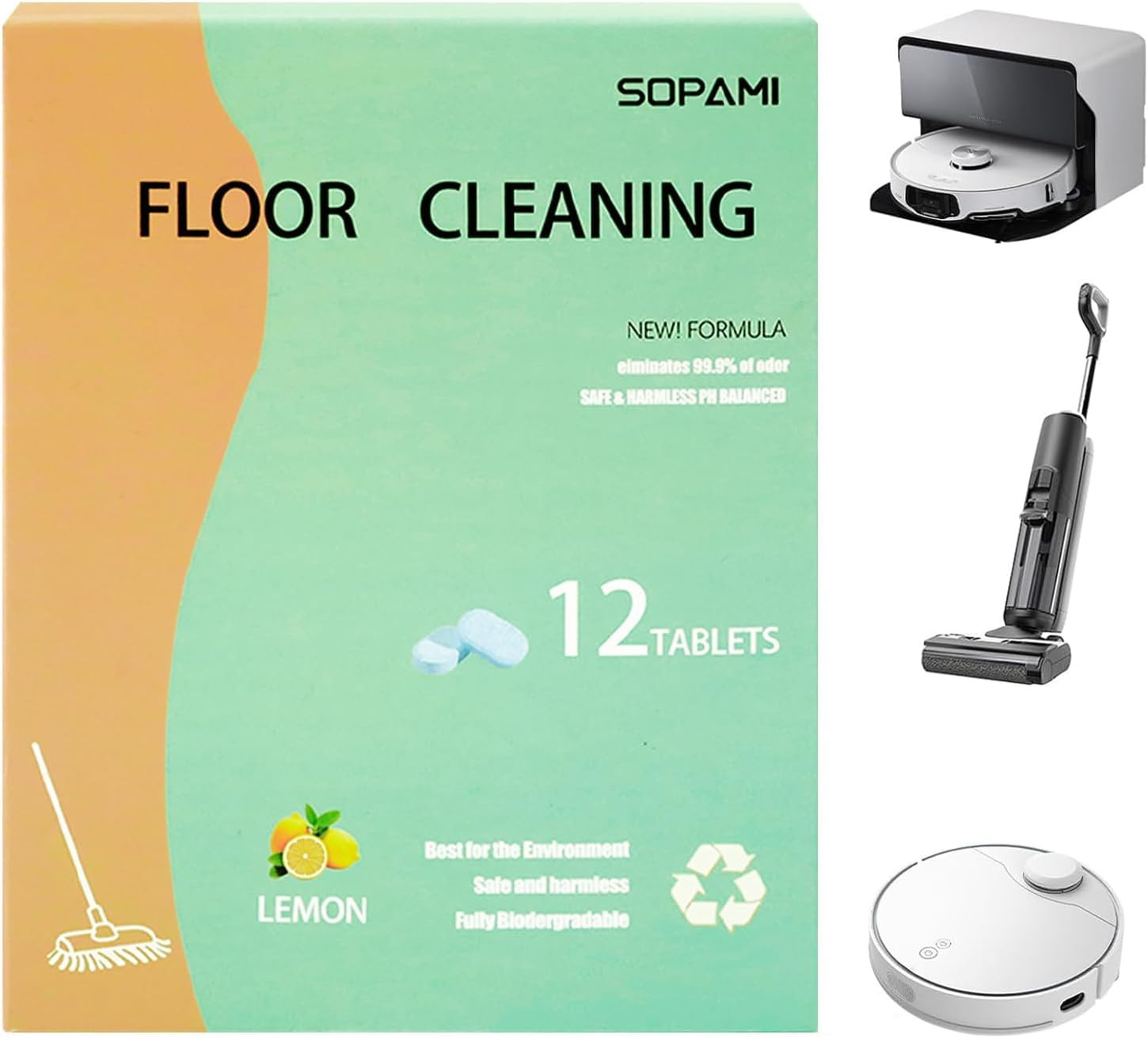 Floor Cleaning Solution Tablets, 12 Count, Lemon Scent, for Mopping Robot Vacuum