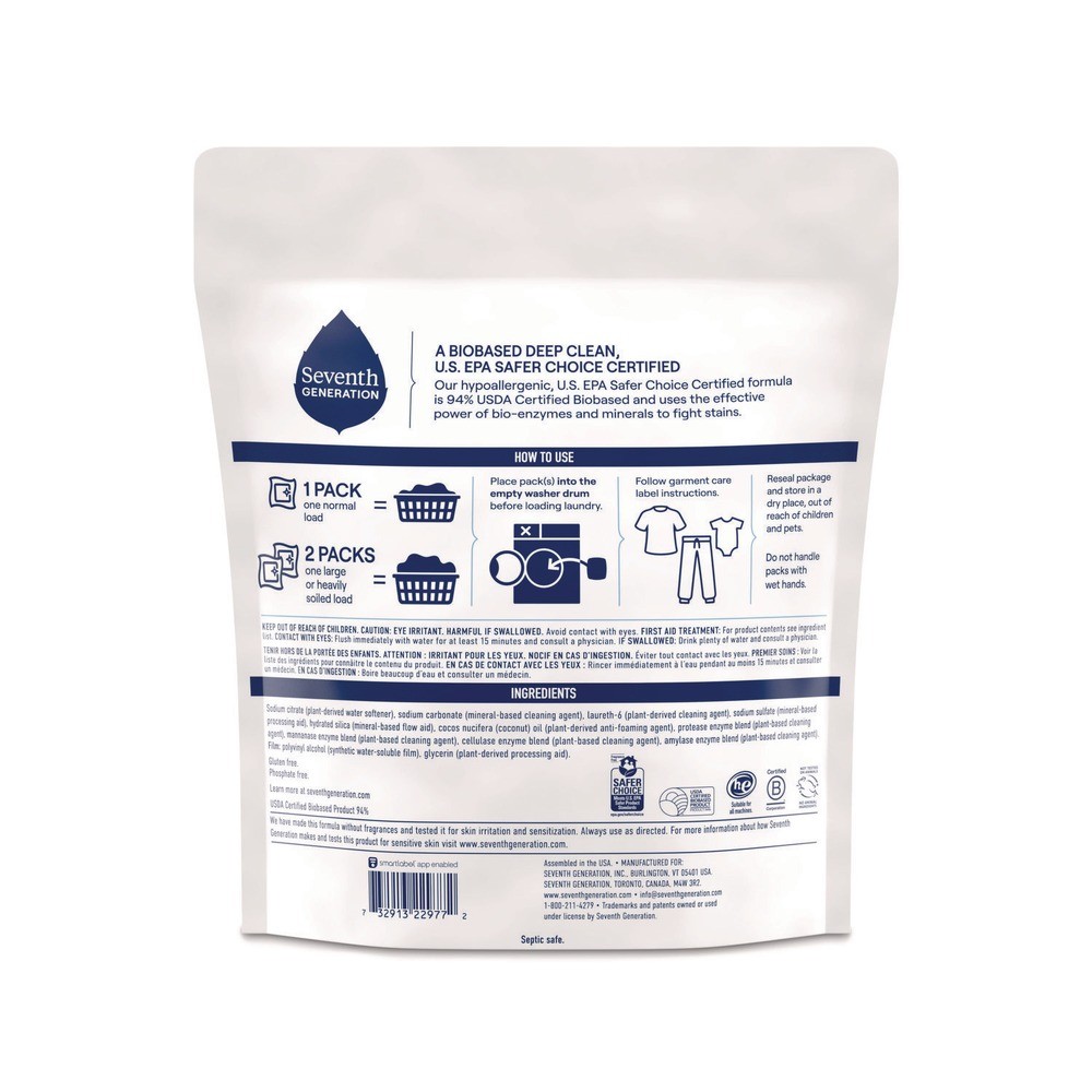 SEV 22977 Powder Natural Laundry Detergent Packs – Unscented (45/PK) New