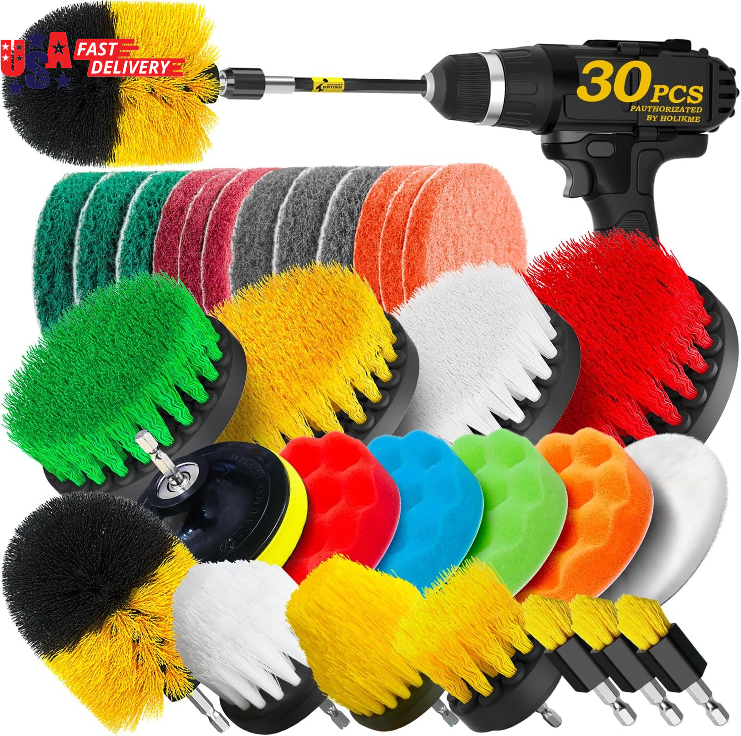 30 Piece Drill Brush Set, Scrub Pads Scrubber Brush with Extend Long Handle Clea