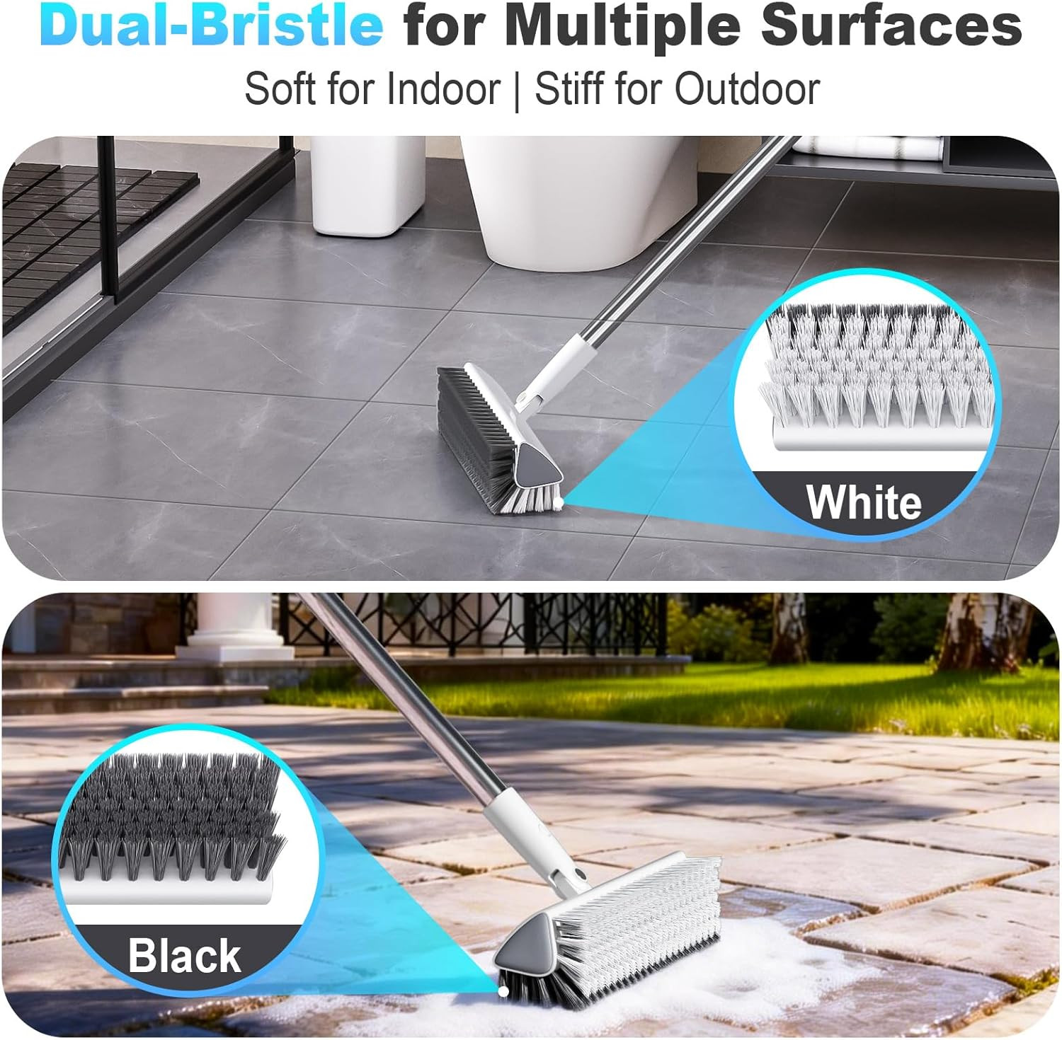 Floor Scrub Brush with Long Handle, Heavy-Duty Stiff Bristles, V-Shape Floor Scr