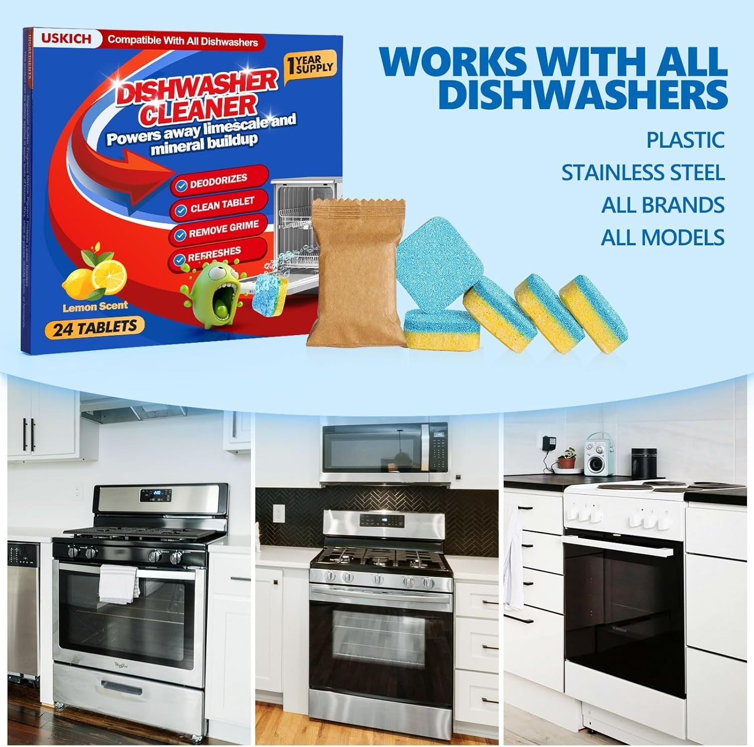 Dishwasher Cleaner And Deodorizer Tablets 24 Pack,Deep Cleaning Descaler Pods fo