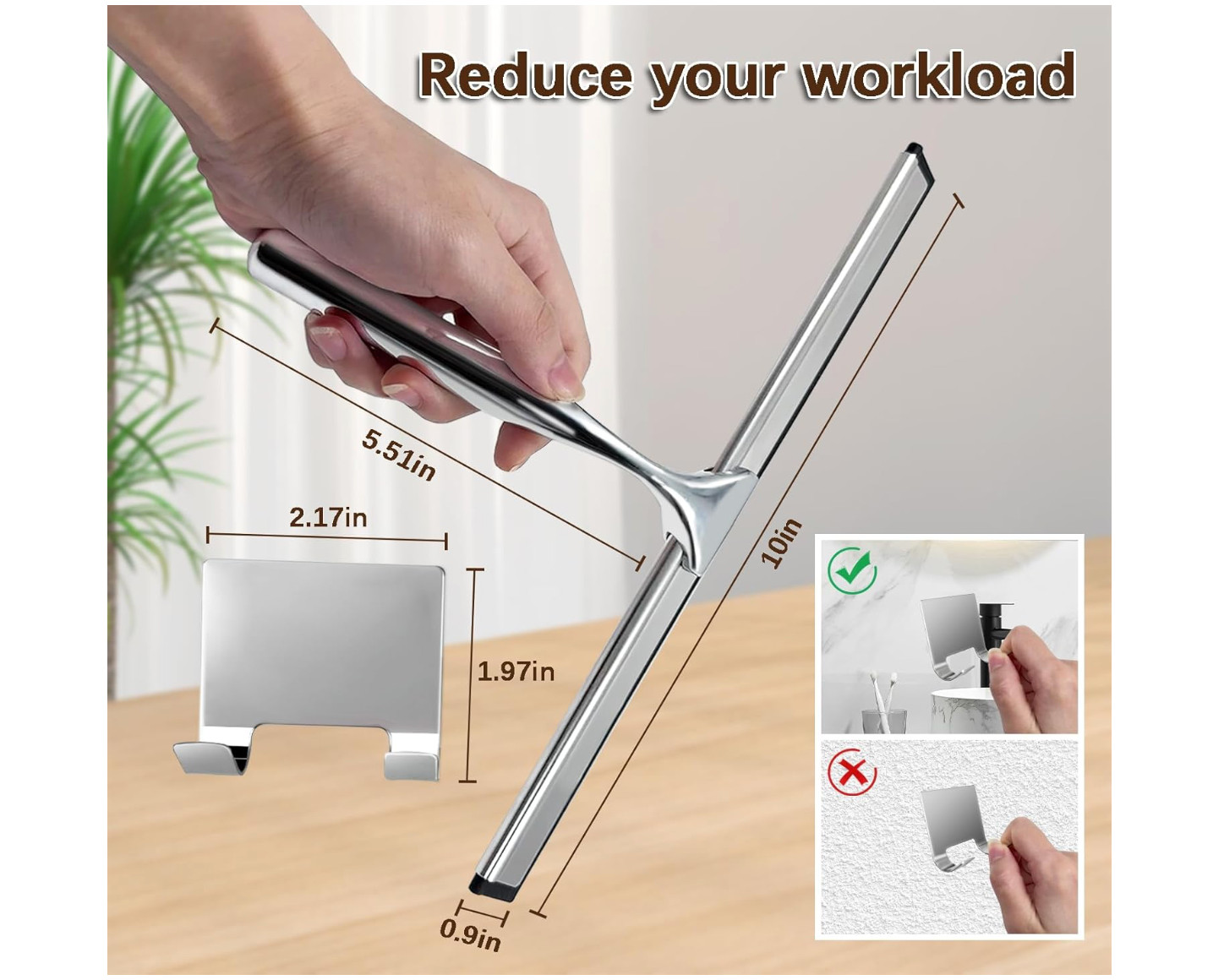 All-Purpose Stainless Steel Shower Squeegee for Glass Doors with Adhesive Hooks