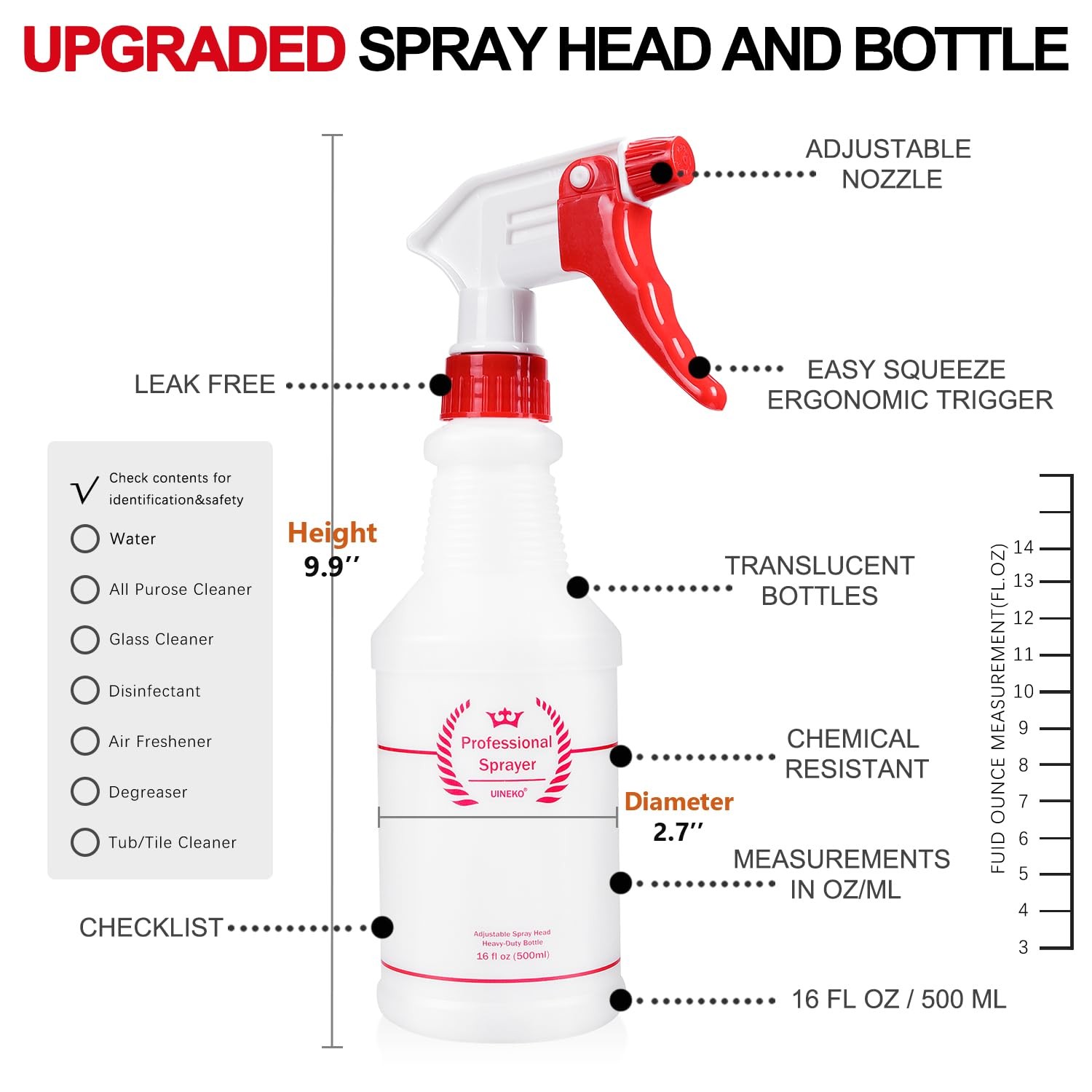 16 Oz Spray Bottles (4 Pack) – Heavy Duty, Leak Proof, Adjustable Nozzle