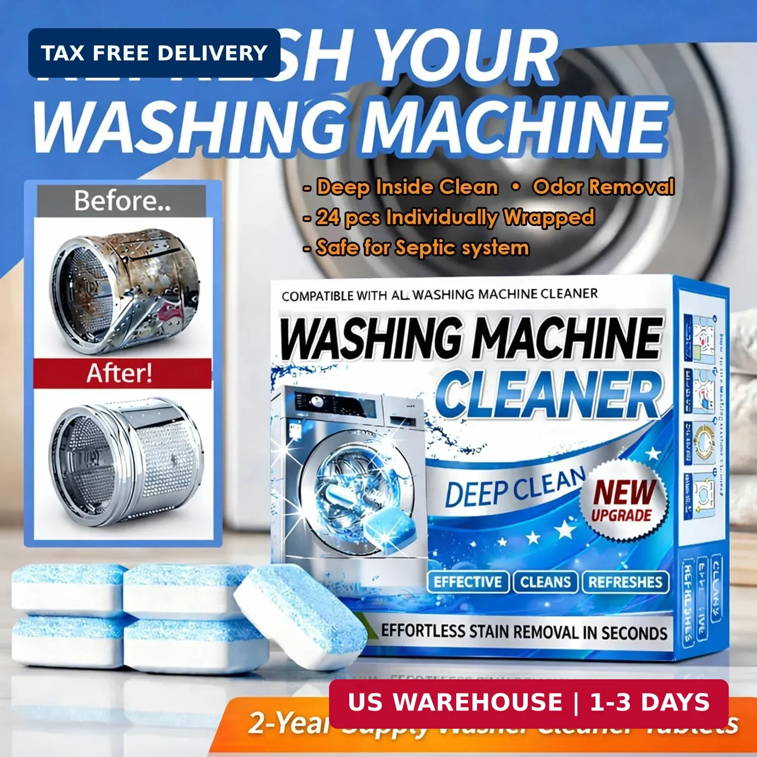 Washing Machine Cleaner Tablets 24 Pack Enzyme Deep Clean Front Load Washer