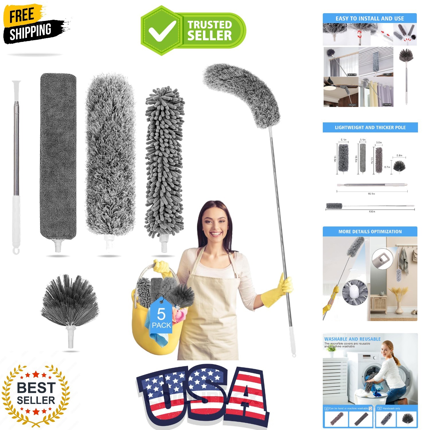 Bendable Microfiber Duster Set with 100” for Home & Car Cleaning