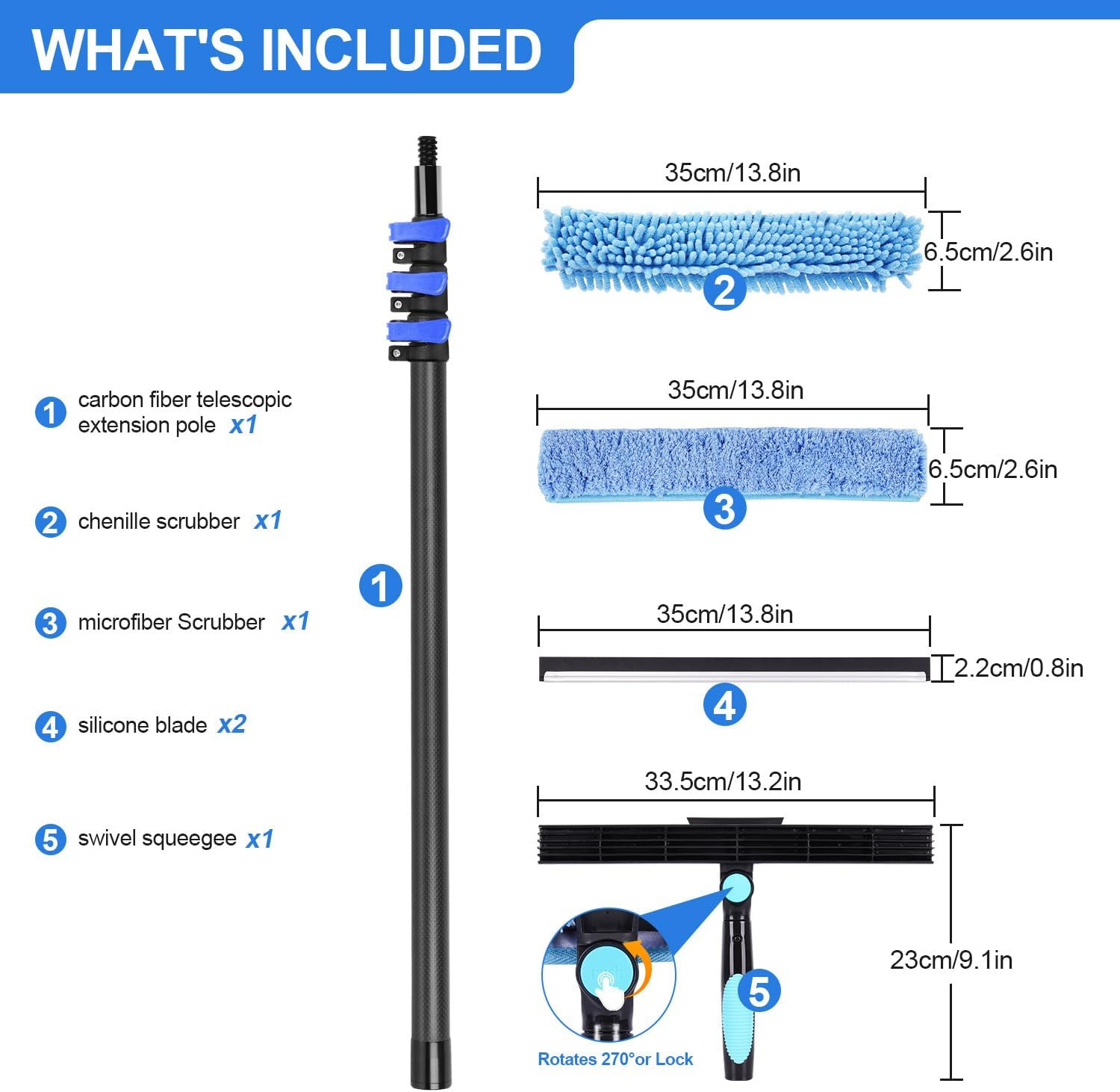 12-Foot Carbon Fiber Window Cleaner Tool with Telescopic Extension Pole, Rotatin