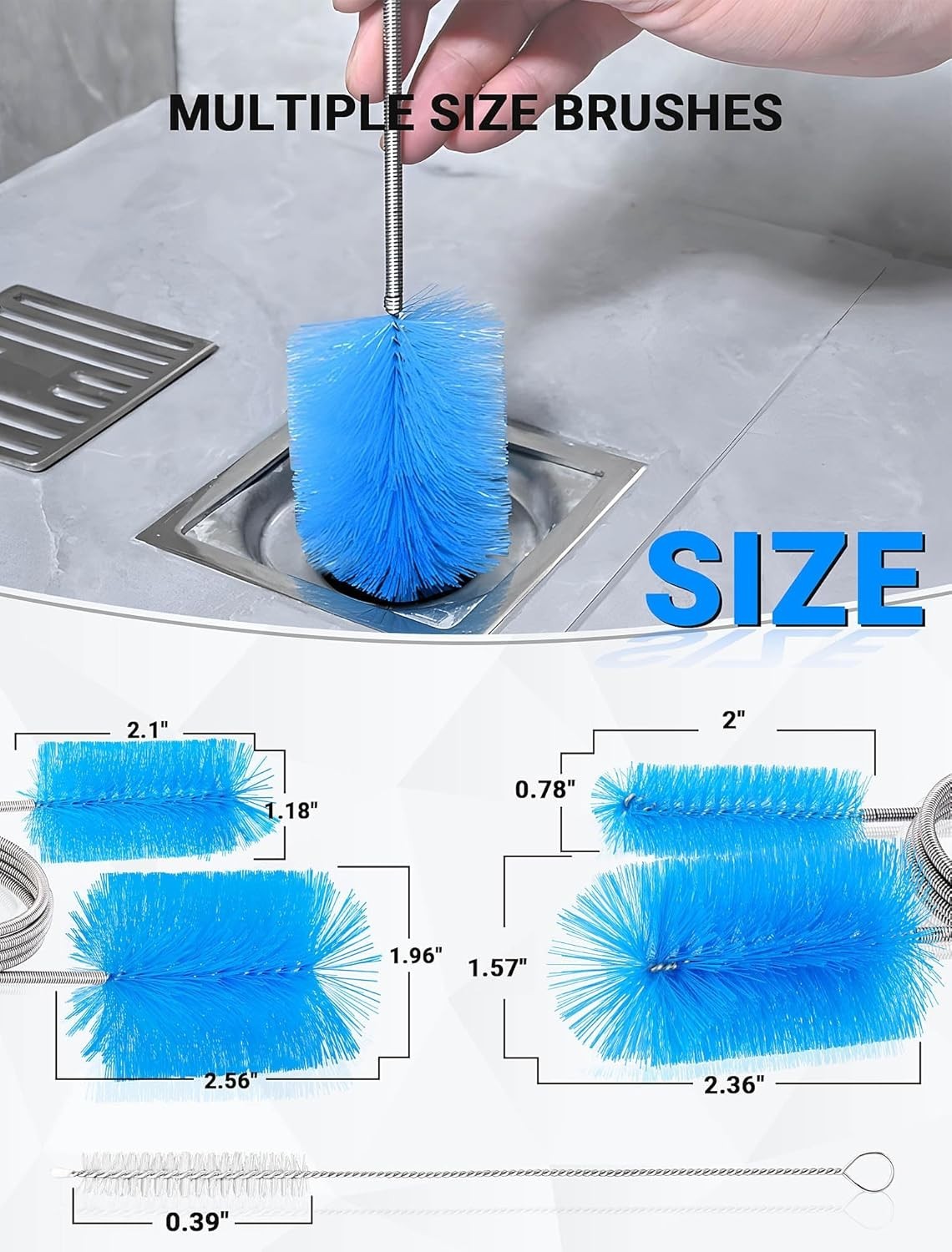Flexible Long Drain Brush Tool with Large Double Elastic Nylon Ends, Stainles…