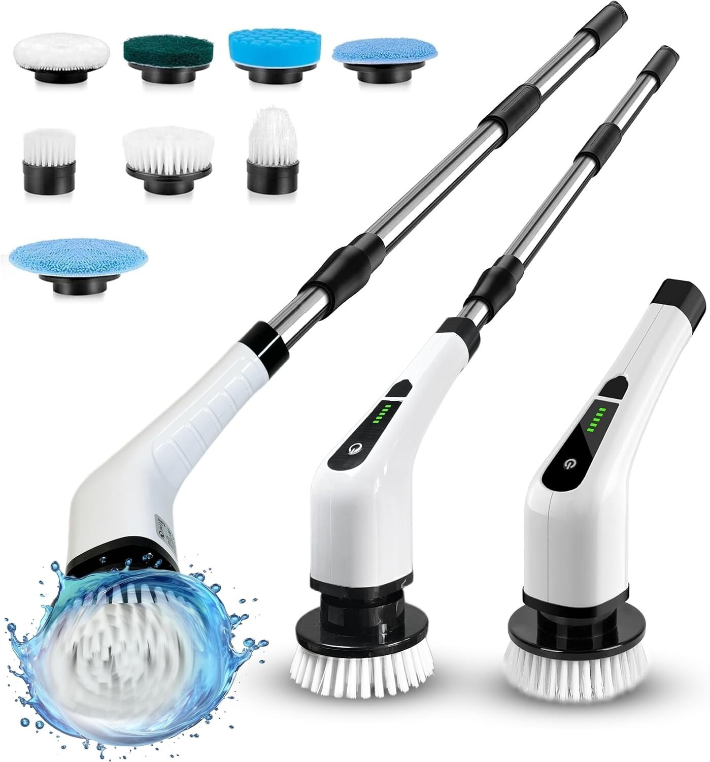 Electric Rotating Washer, Long Handle For Shower Cleaning Brush w/6 Brush Heads