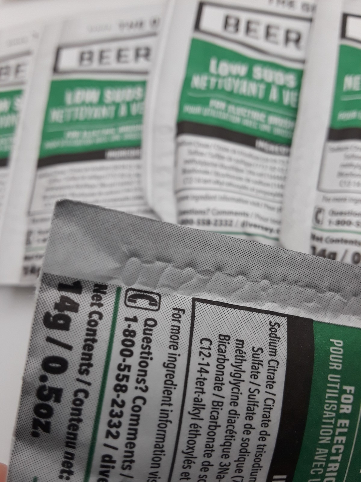 Diversey Beer Clean Low Suds drinking Glass Cleaner 0.5 oz 14g Packets Lot of 10