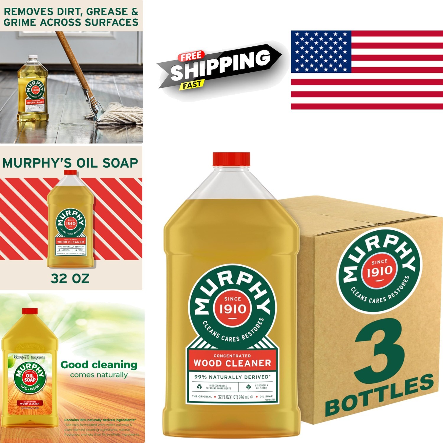 Oil Soap Cleaner for Wood 32 Fl Oz Pack of 3 Naturally Derived Ingredients