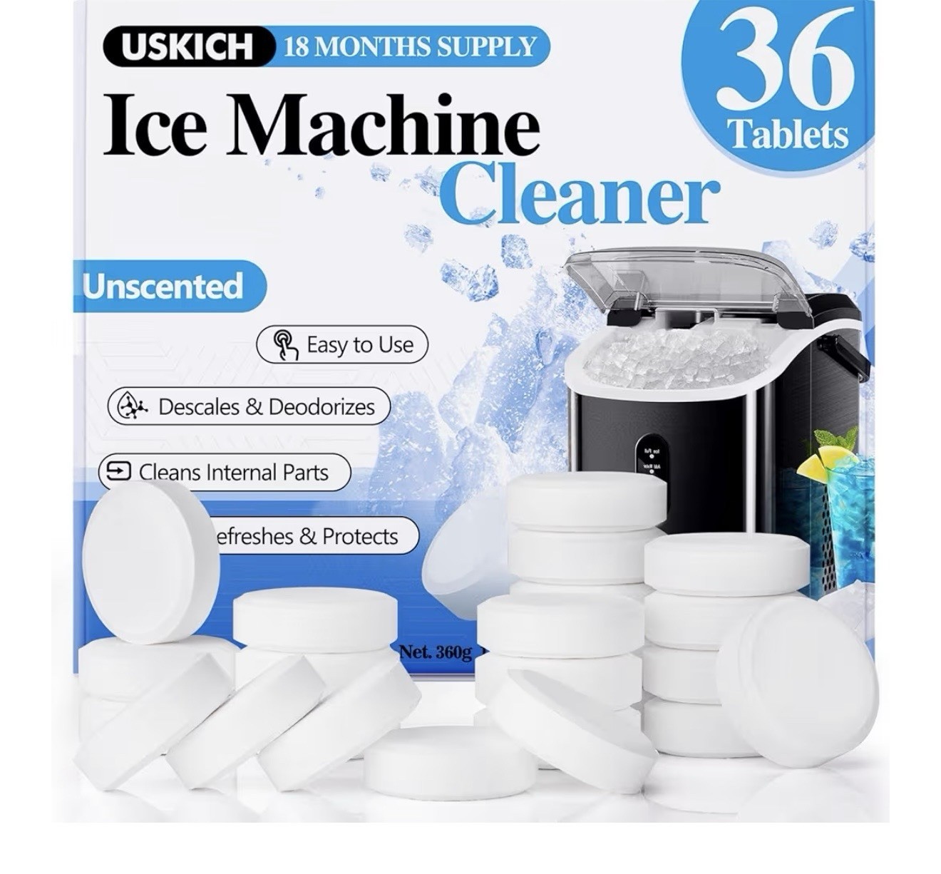 USKICH Ice Machine Cleaner Tablets 36 Pack Unscented 360g Descaler Non Toxic