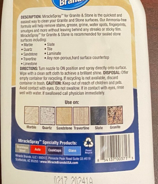 Miracle Brand GRANITE MARBLE STONE TILE Cleaner Streak-Free Shine ~ Lime Spray