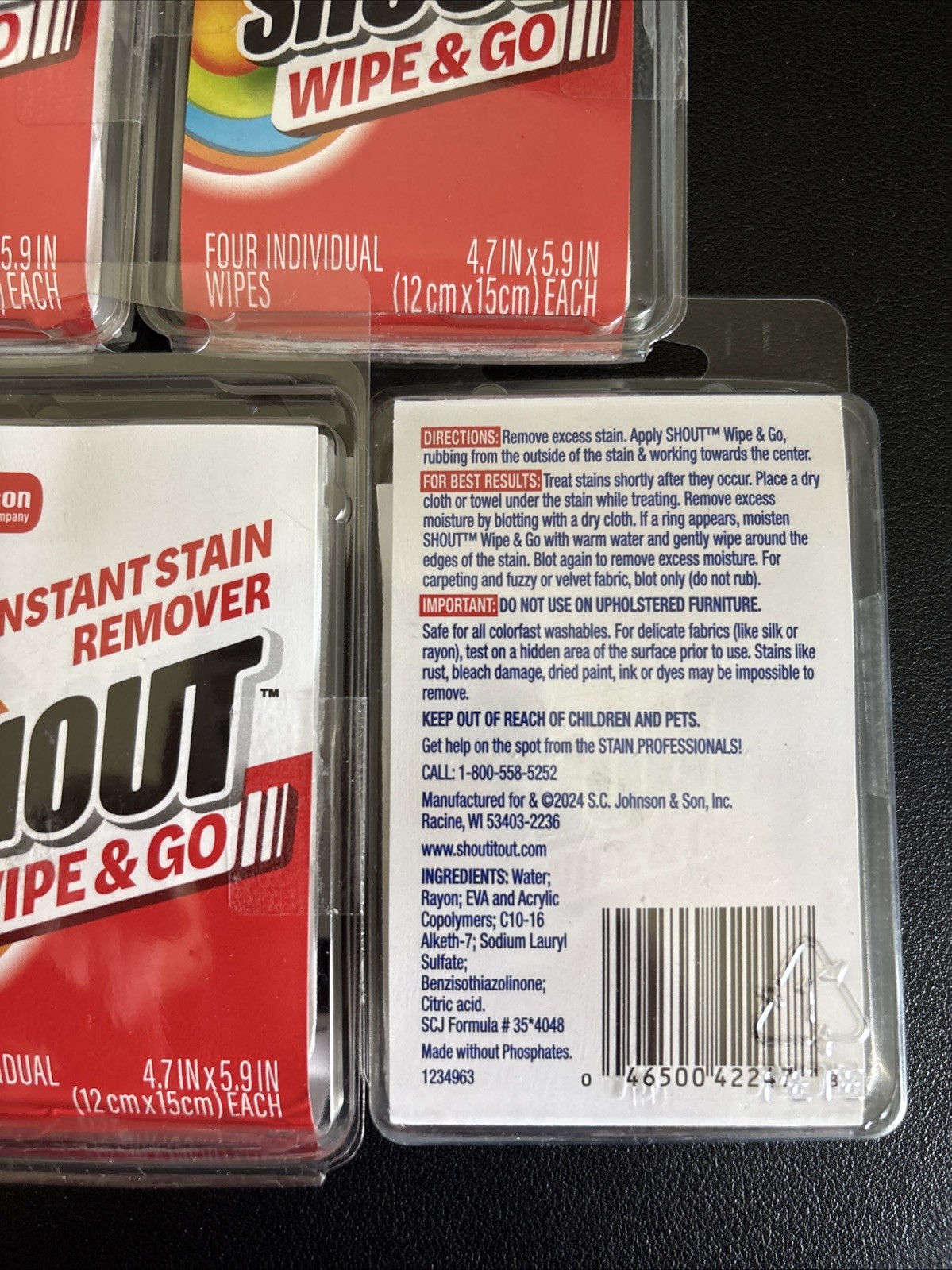 5x Shout Wipe & Go Instant Stain Remover Wipes Travel Size 4 Individual Wipes Ea