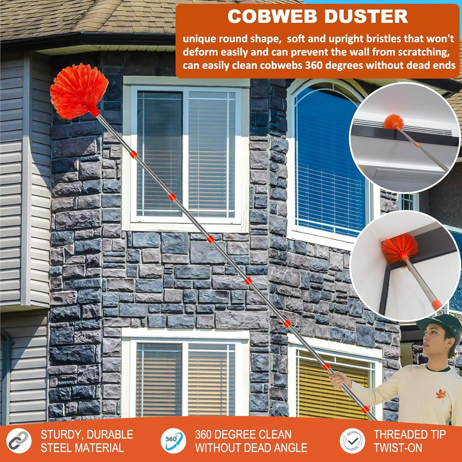 20 Feet High Reach Duster Kit with 2-14 ft Extension Pole, Cobweb & Corner Brush